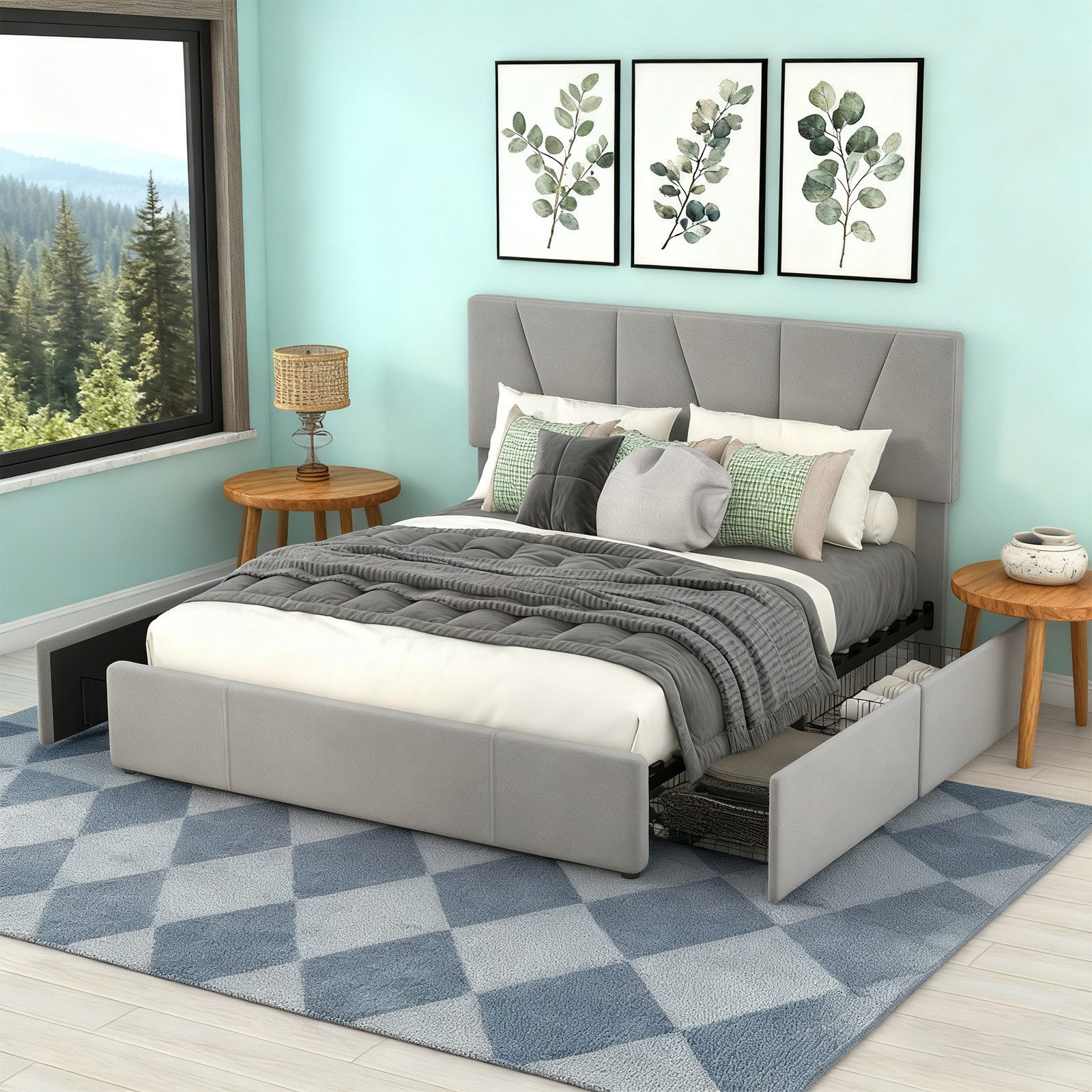 MODFU Bett mit verstellbarem Kopfteil und 4 seitlichen Schubladen (Doppelbett mit stabilem Rahmen & großem Stauraum, Stauraumbett 140x200 cm), Ohne Matratze