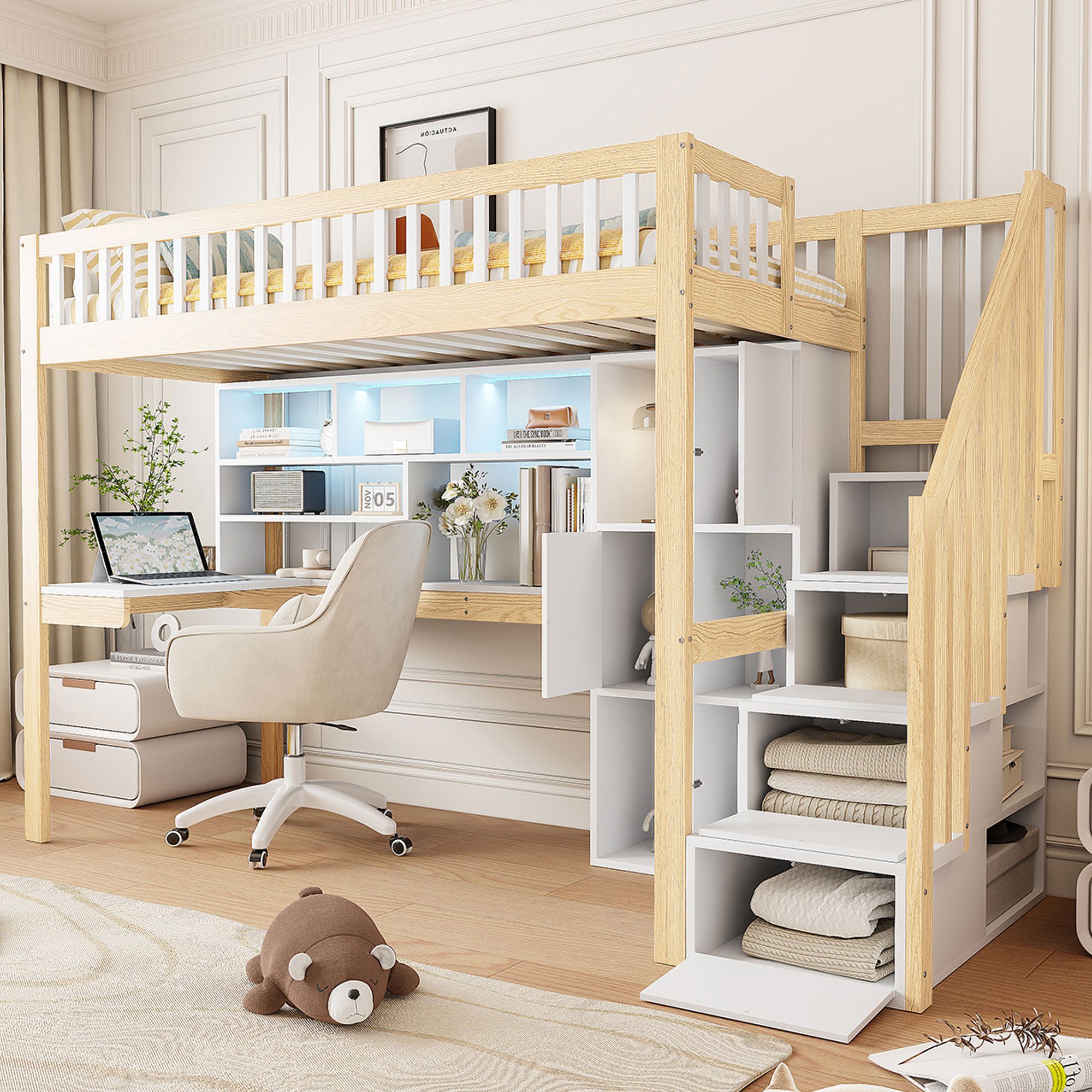 STILVORA Kinderbett 90×200 mit Stauraumtreppe,Jugendbett Holzbett mit Schreibtisch&LED (mit LED-Leuchten, Ablageleiter & Regale, integrierter Schreibtisch, 90x200 cm), ohne Matratze