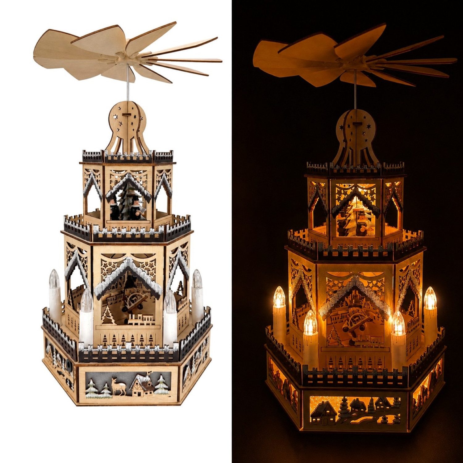 Online-Fuchs Weihnachtspyramide aus Holz, 2-stöckig mit LED-Weihnachtskerzen & Timer - Weihnachtsdeko, praktische 6-Stunden Timerfunktion - 38 cm hoch
