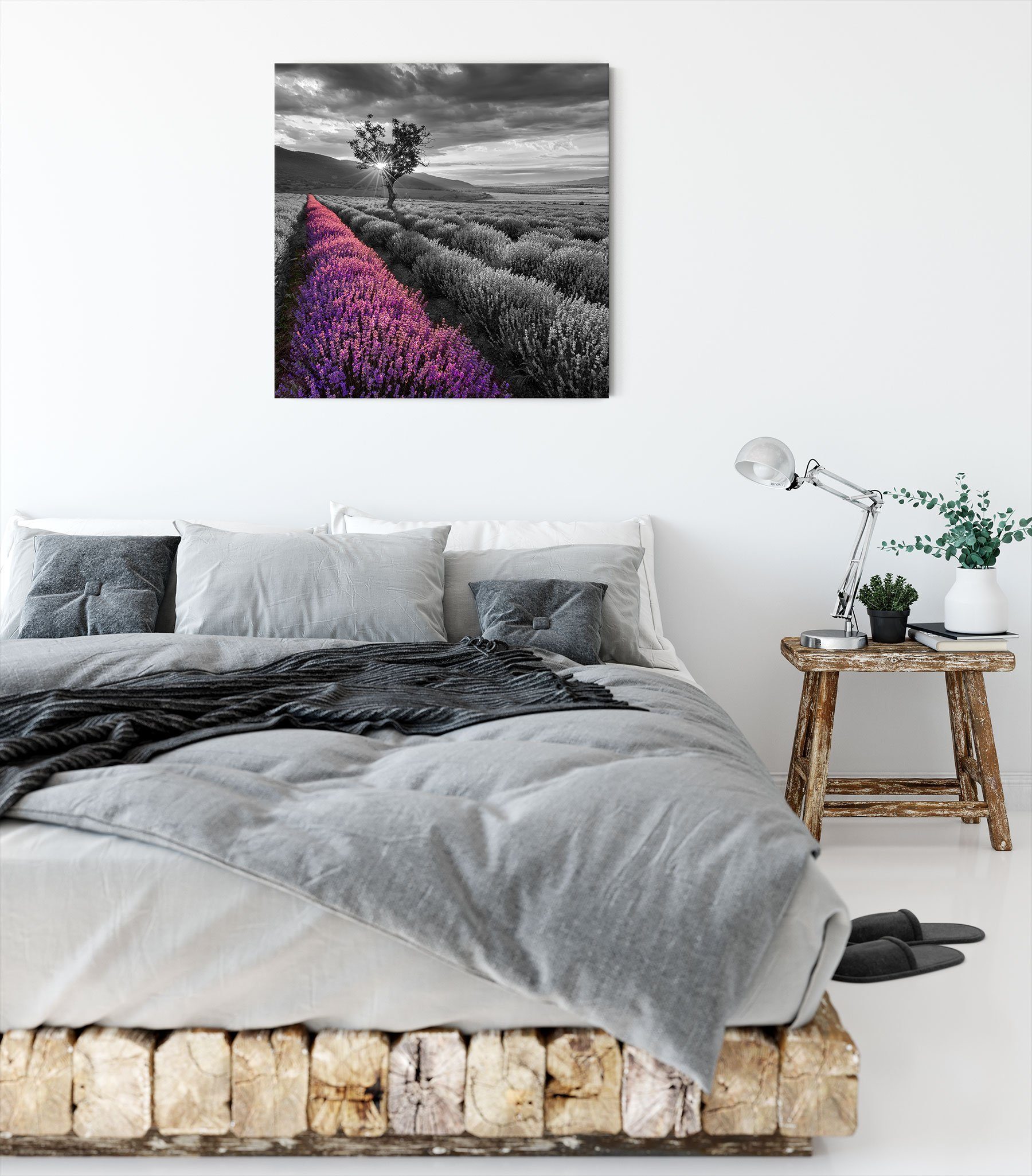 Pixxprint Leinwandbild Lavendelfeld mit inkl. (1 Baum mit Baum, bespannt, Lavendelfeld fertig Zackenaufhänger Leinwandbild St)