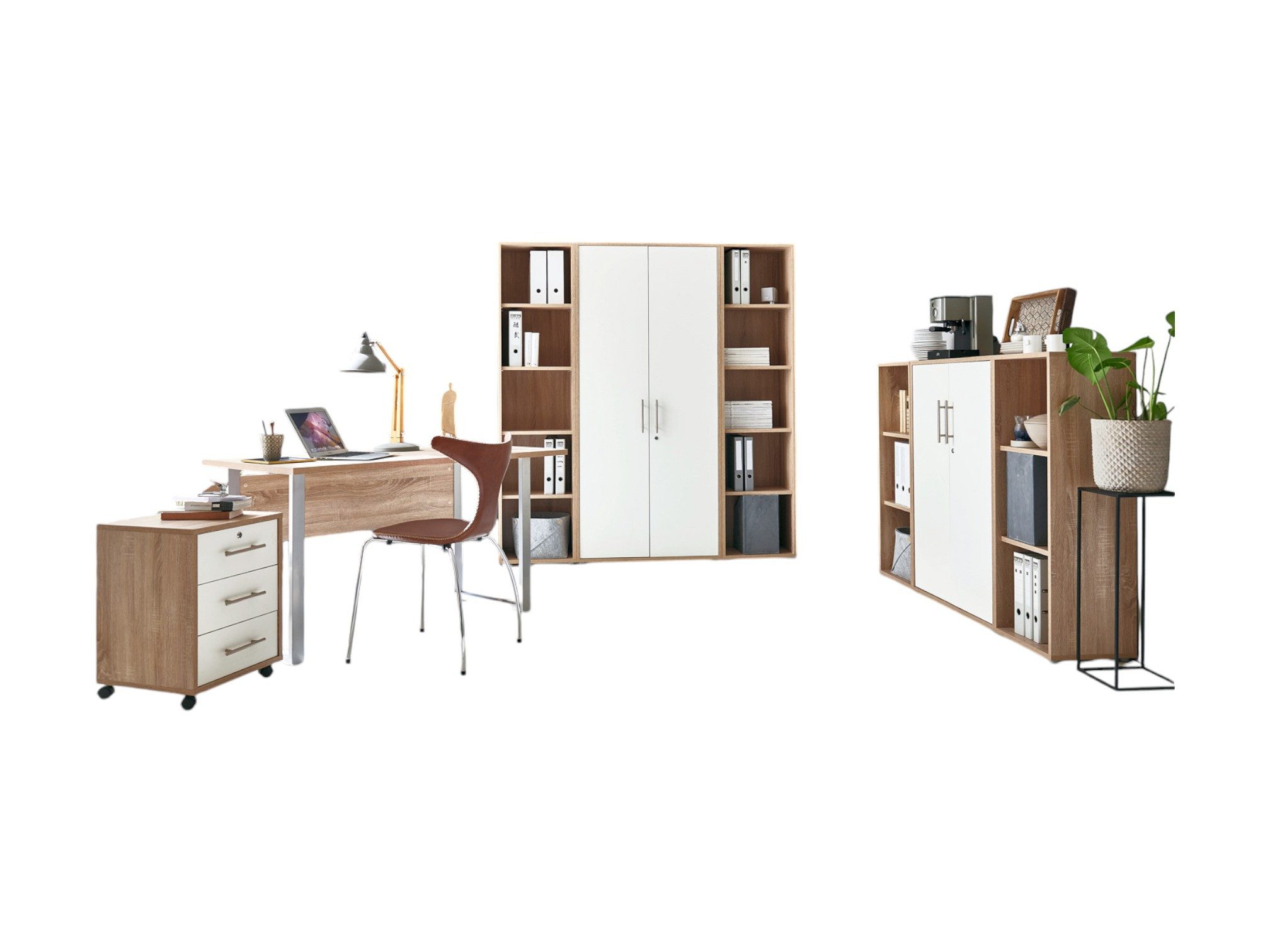 moebel-dich-auf Büromöbel-Set TABOR Set 5, (abschließbar, 8-tlg., Schreibtisch mit Rollcontainer + 2 Aktenschränke + 4 Aktenregale), mit Edelstahlgriffen & lackierten Fronten, MADE IN GERMANY