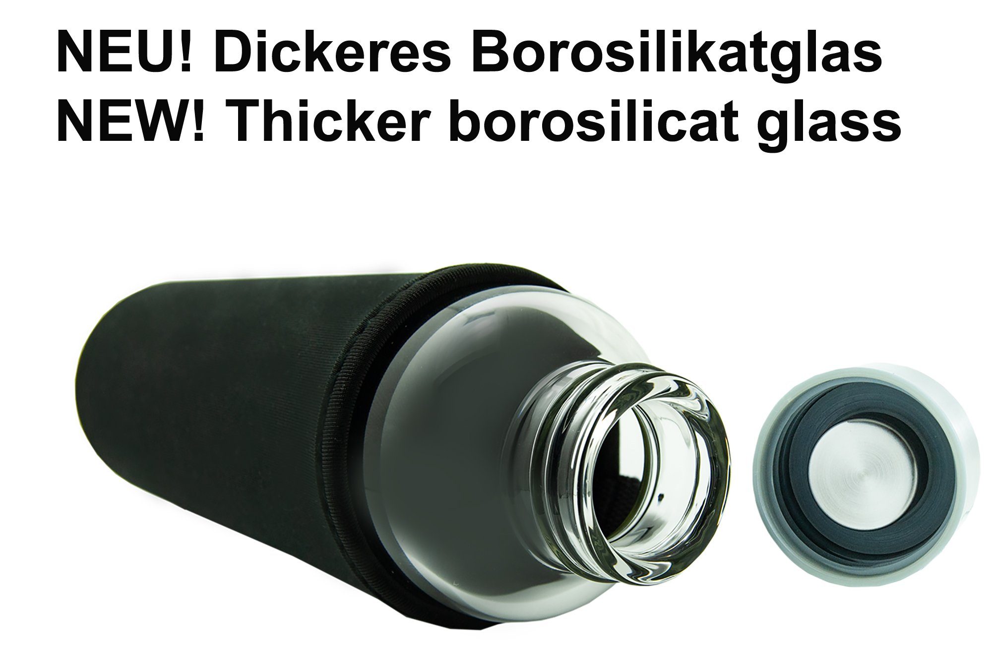 oder Borosilikatglas Glas T&N NEW Büro AND Hause, aus auslaufsicher, unterwegs Classique Wasserflasche Glastrinkflasche Trinkflasche Neoprenhülle, für Schlankes Schwarz mit Kohlensäure TRENDY 550ml, dickerem Glasflasche zu Trinkflasche Design geeignet für