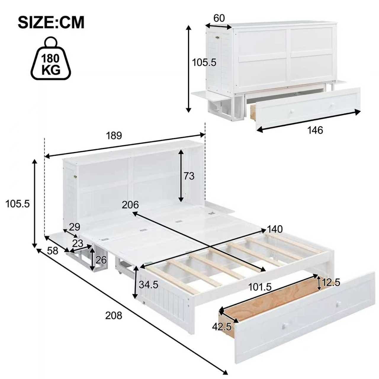 Ulife Wall Bed Mobile Wall Bed 140x200 with Drawers & Shelf (White)