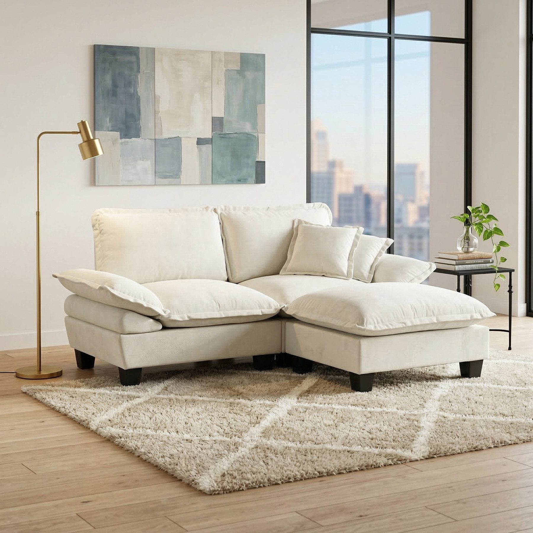 Odikalo Loungesofa Ecksofa Sofas wohnzimmer mit Schlaffunktion Fußhocker & Kissen, Modulares Ecksofa L-förmige Cloud-Couch mit Segelboot-Design inklusive 1 beweglichem Ottomane & 2 weichen Kissen komfortabler Chenille-Bezug für Wohnzimmer & Apartments