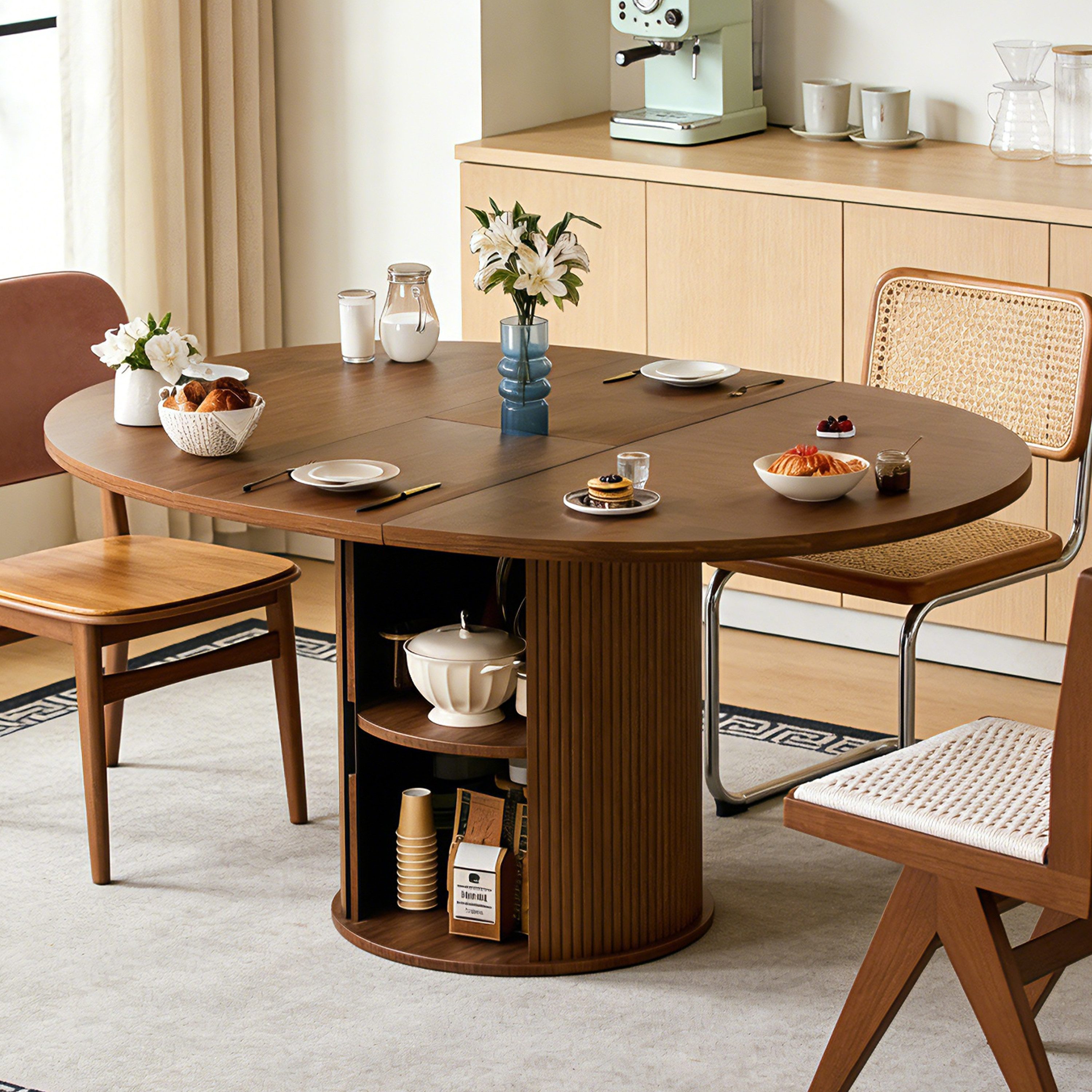 Wildhome Esstisch 150*110*75cm, moderner Küchentisch, Dunkelbraun (1-St), geeignet für 4-6 Personen, ovaler Esstisch mit Stauraum