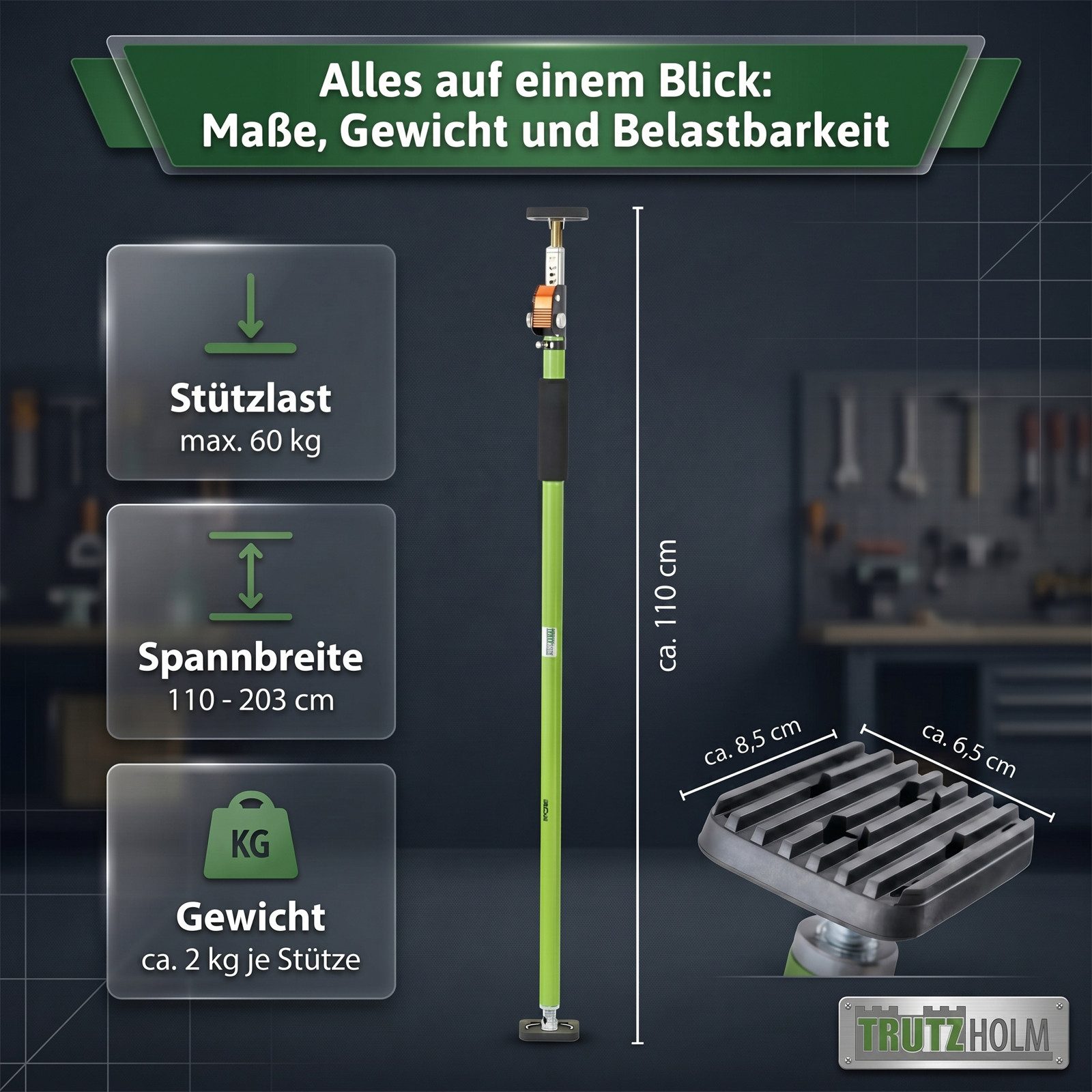 TRUTZHOLM Montageklemme 2x Einhandstütze 110–203 cm Teleskopstütze 60 kg höhenverstellbar, B: 8.5 cm, L: 203 cm, (Stück, 2-tlg., bis 203cm), materialschonend – Bild 2 von 5