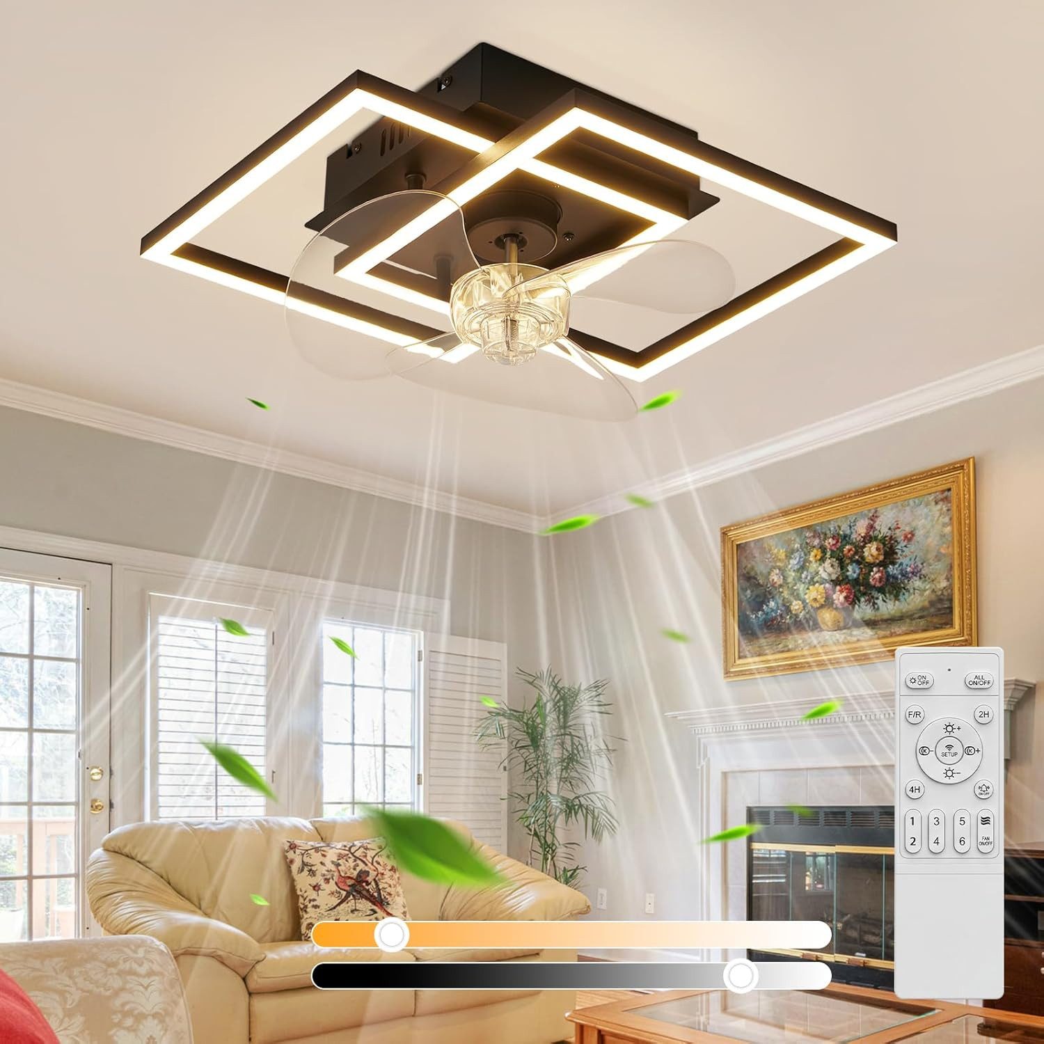 Nettlife Deckenventilator Beleuchtung dimmbar 6-Stufen Fernbedienung leiser Schwarz Modern, für Wohnzimmer Esszimmer Schlafzimmer Timer Nachtautomatik