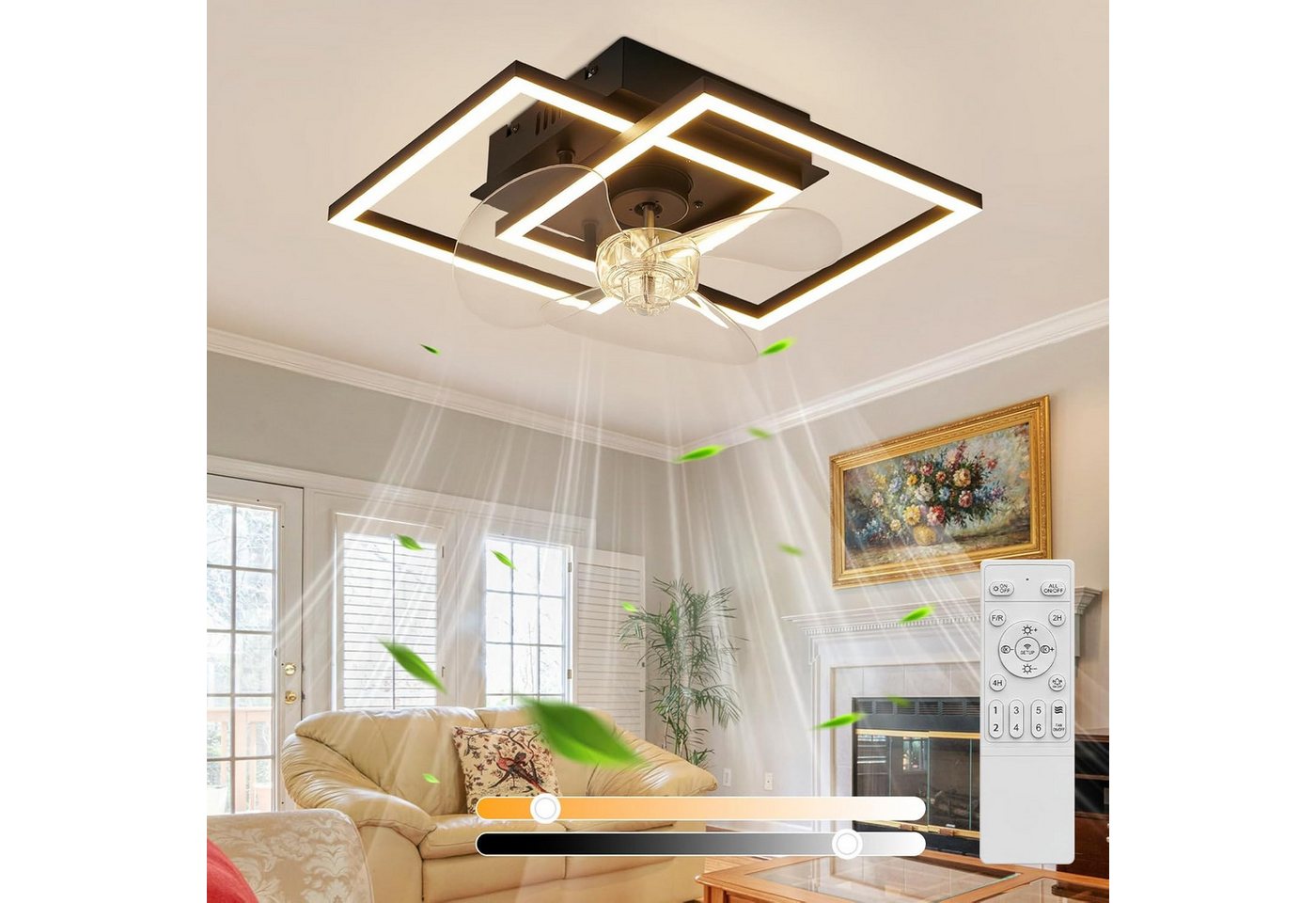 Nettlife Deckenventilator Beleuchtung dimmbar 6-Stufen Fernbedienung leiser Schwarz Modern, für Wohnzimmer Esszimmer Schlafzimmer Timer Nachtautomatik