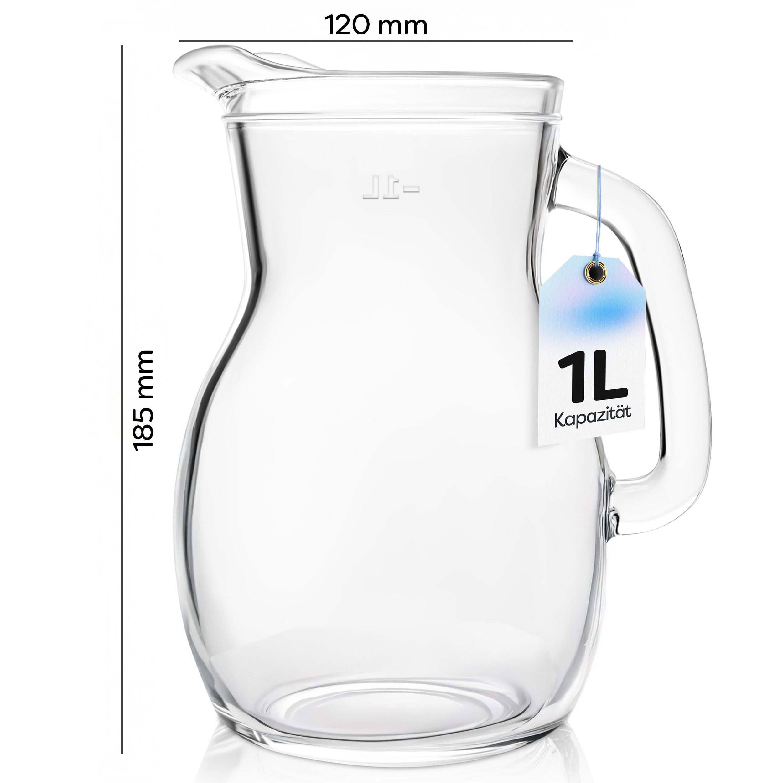 KONZEPT Wasserkrug 1L aus Glas – Robuster Glaskrug mit bequemem Griff, (1-tlg), Ergonomischer Griff, Füllstandsanzeige, Spülmaschinenfest