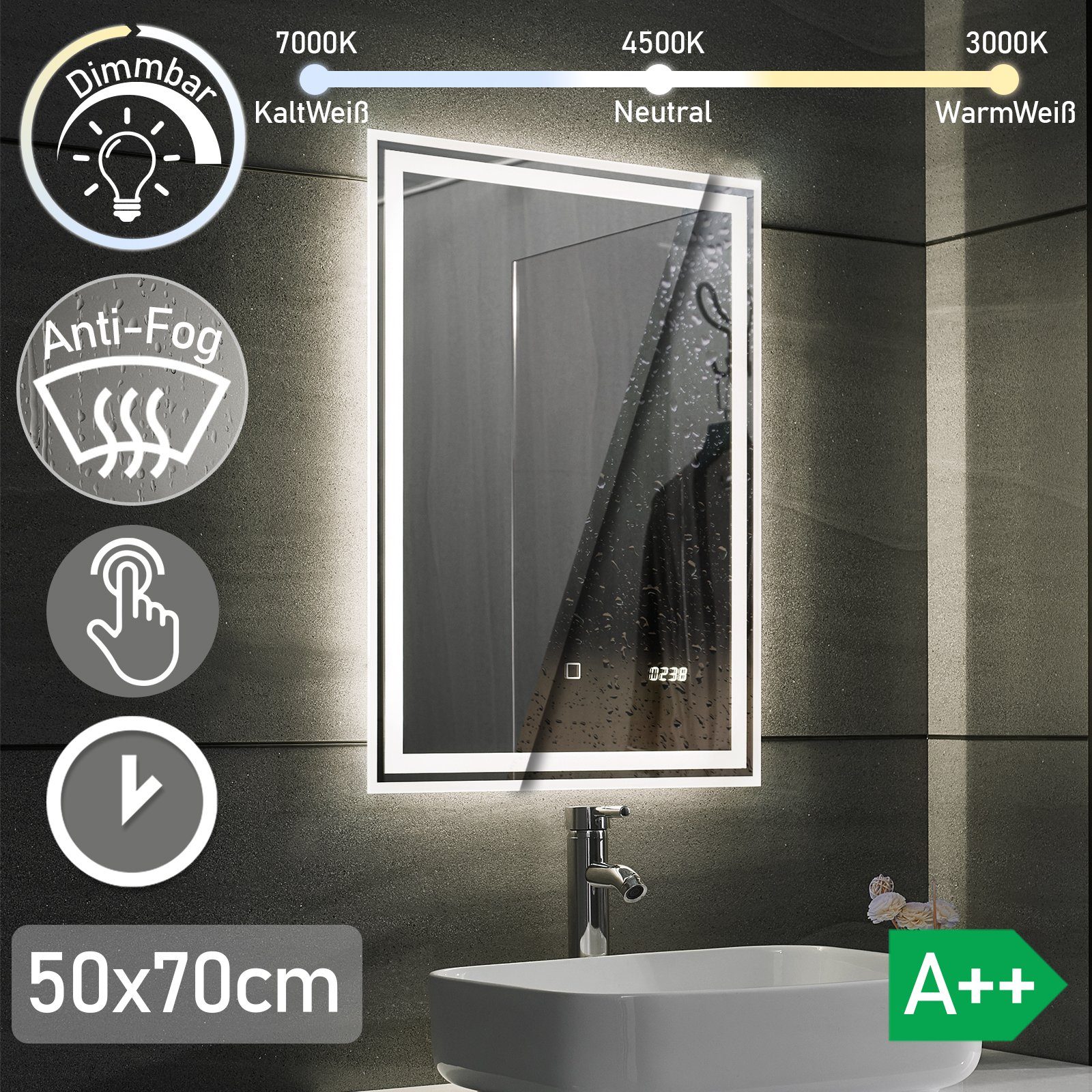 x 3000-7000K Badspiegel 70 - Energiesparend, Badspiegel Beschlagfrei, Aquamarin Dimmbar, LED 50 cm