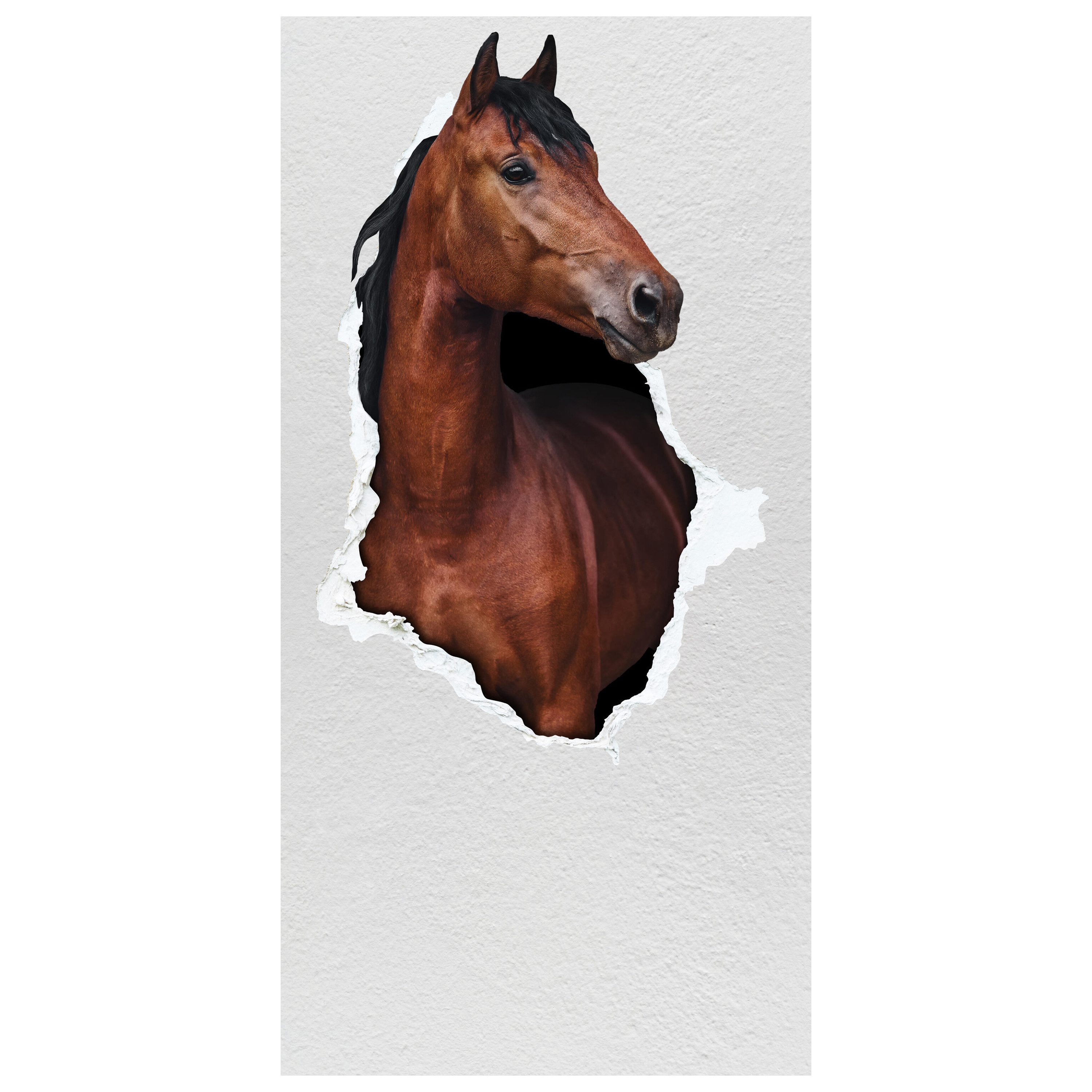 wandmotiv24 Türtapete braunes Pferd schaut durch Mauer, 3D, glatt, Fototapete, Wandtapete, Motivtapete, matt, selbstklebende Dekorfolie