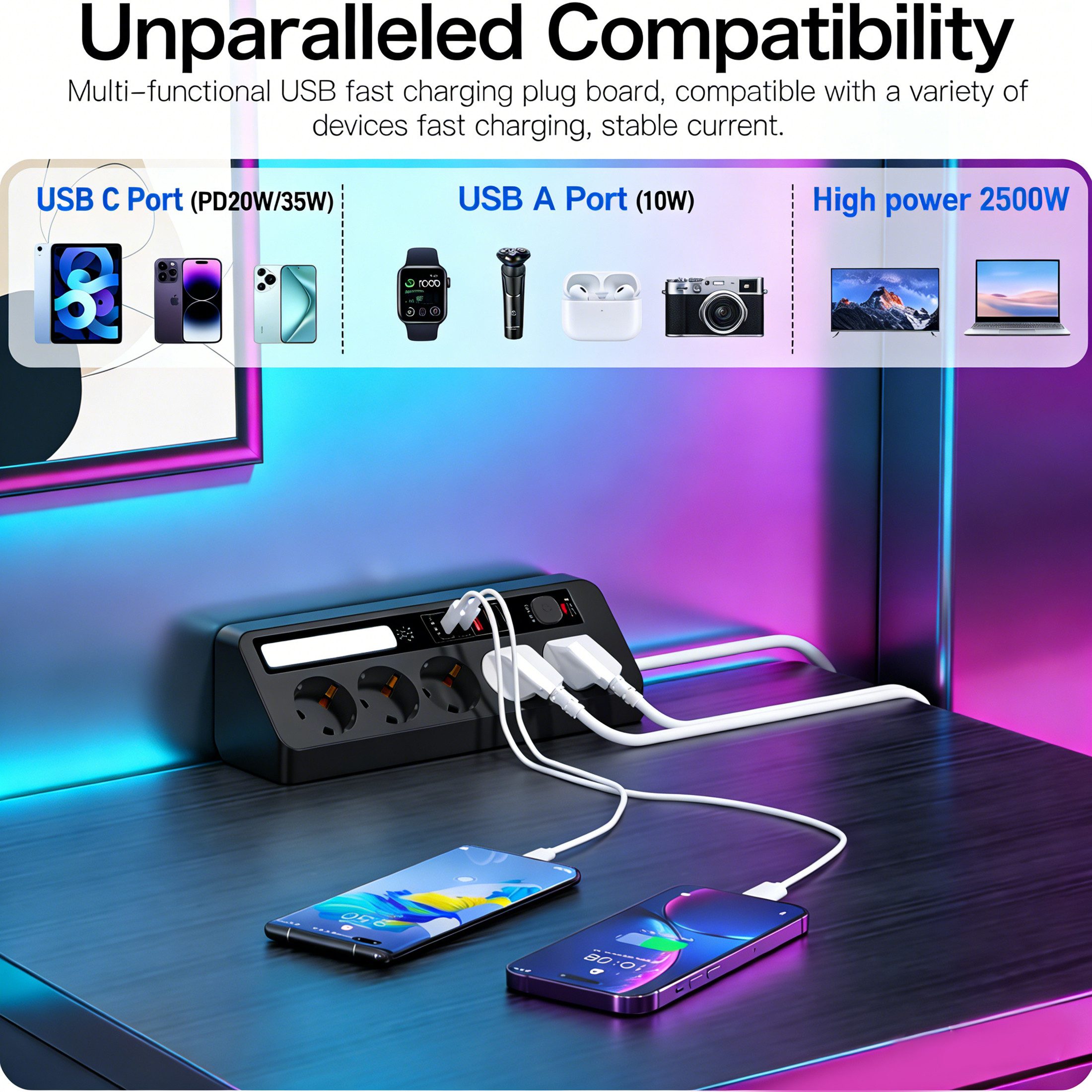 Luckice Tischsteckdosenleiste mit 5 Steckdosen,Eck-Steckdosenleiste Mehrfachsteckdose 9-fach (Ein-/Ausschalter, USB-Anschlüsse, 4 USB-Ports (PD 35 W & 20 W), LED-Statusanzeige, mit Schalter, Steckdosenleiste 5-fach, mit USB, mit Kindersicherung, Schutzkontaktkupplung, Überspannungsschutz, Quick Charge, Power Delivery, mit USB Ladeanschluss), 2 m Kabel, Ecksteckdose für Büro und Zuhause