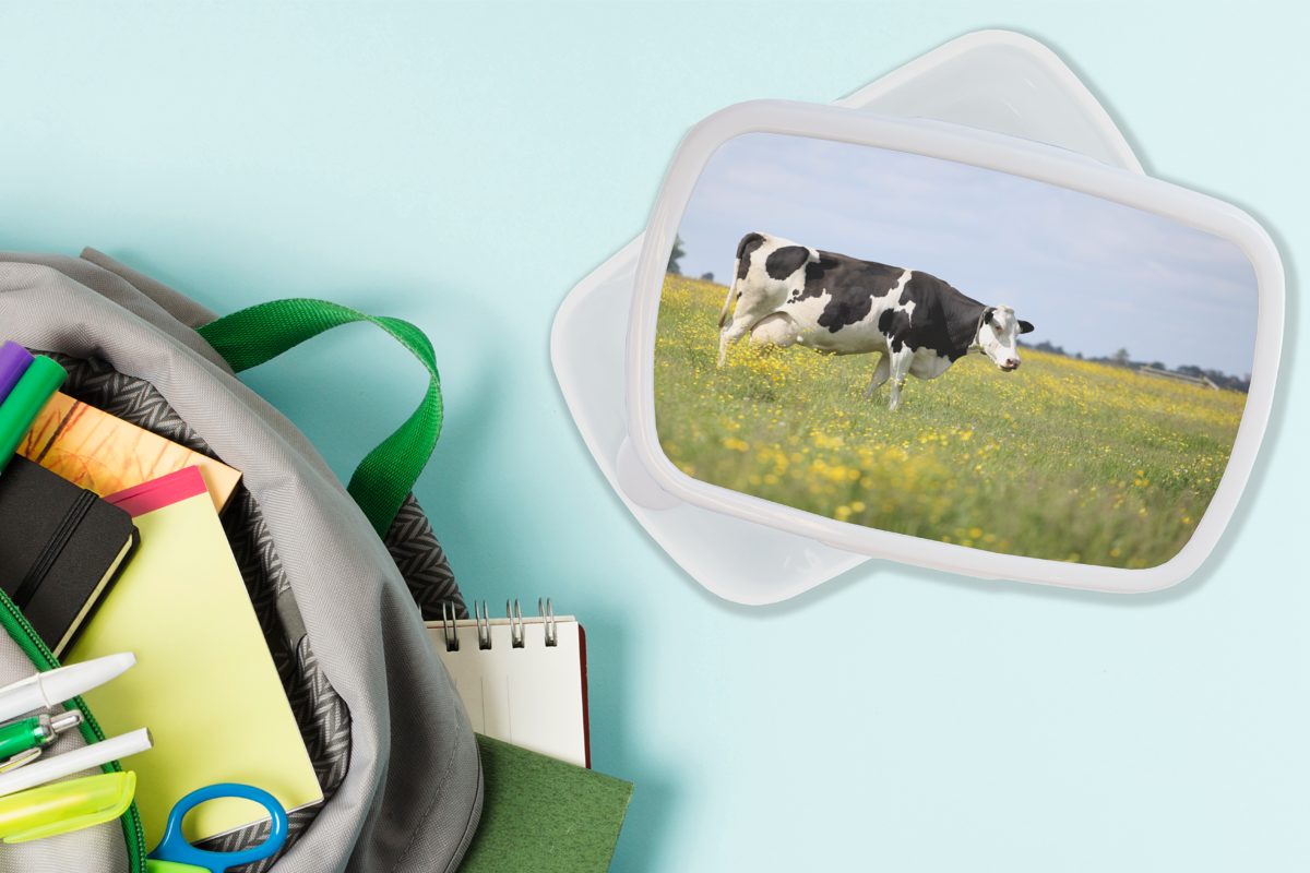 MuchoWow Lunchbox Kuh - Mädchen Gras Kunststoff, für und Kinder (2-tlg), Jungs Brotbox für und Erwachsene, weiß Brotdose, Blumen, 