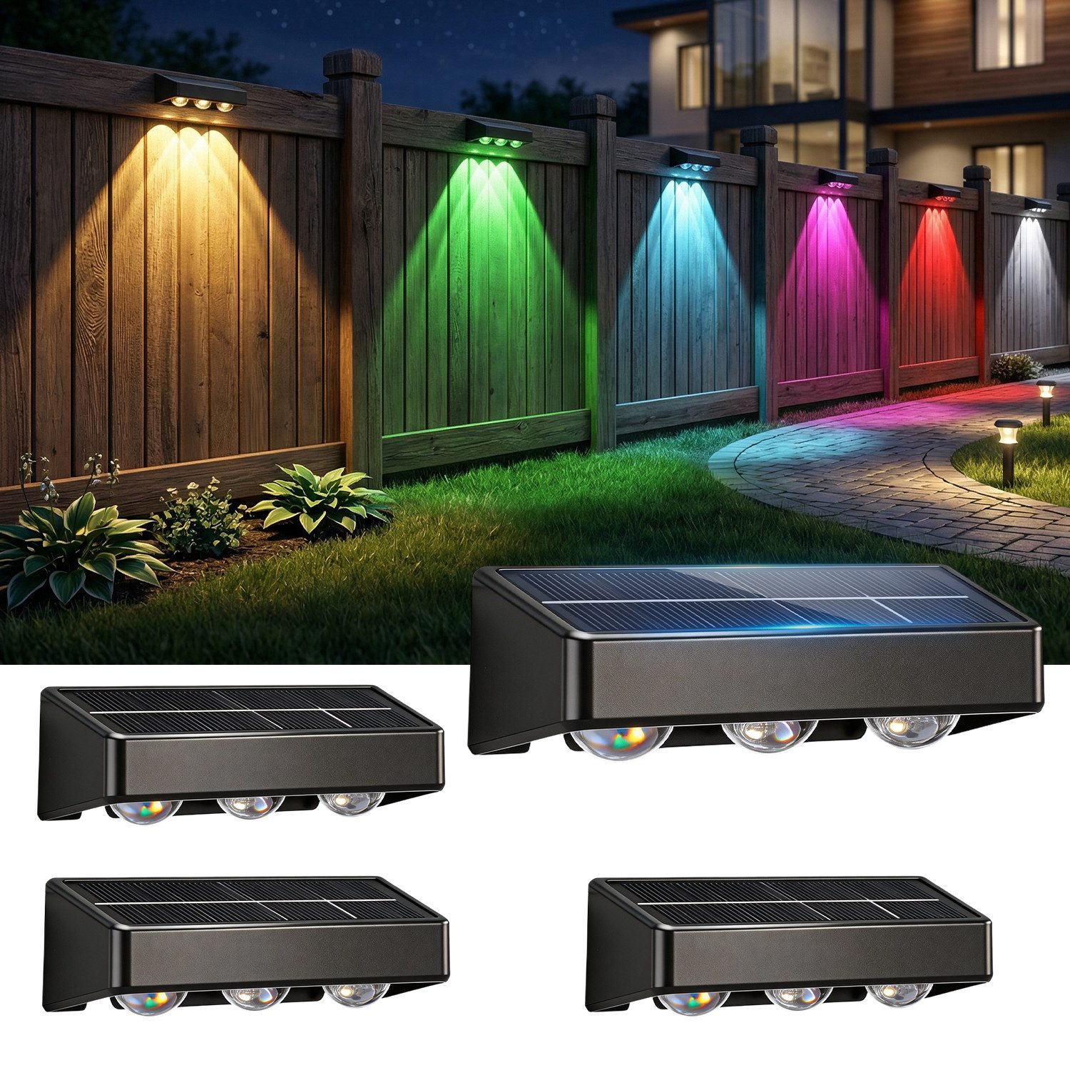 oyajia LED Solarleuchte 4 Stück LED Solarlampe für Außen, 3 LEDs Solarleuchte Außen Wandlampe, LED fest integriert, Warmweiß, Kaltweiß, RGB, RGB LED Solarleuchte für Veranda, Garten, Terrasse, Zaun, Wand, Balkon