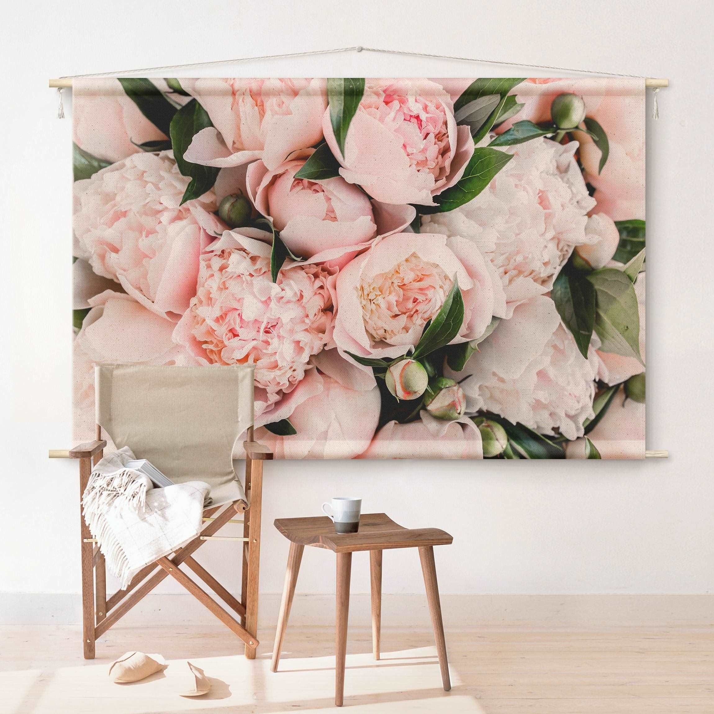 Bilderdepot24 Wandteppich modern Blumen Rosen Landhaus rosa, rechteckig, Höhe: 2.6 mm, großes Wandbild aus Natur-Baumwolle Wandbehang Stoffbild Tuch Wollseil