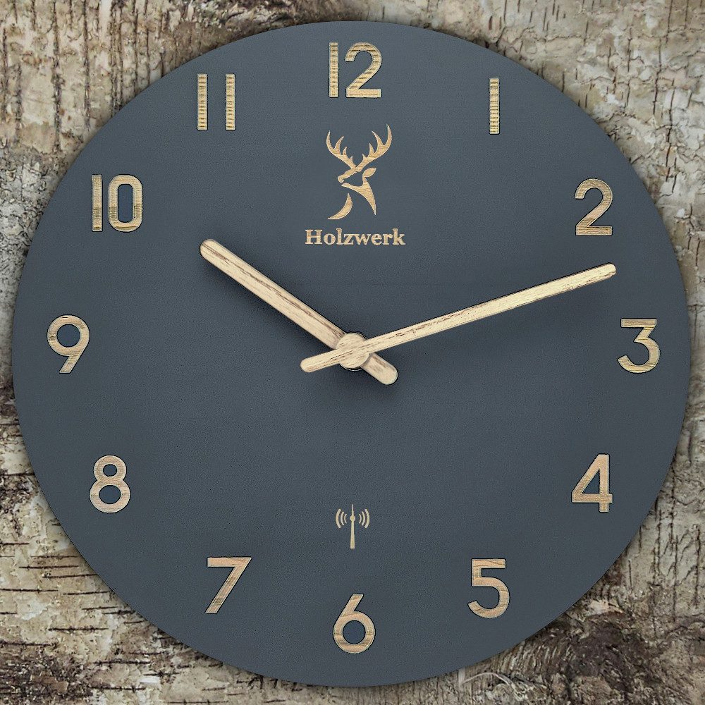 Holzwerk Funkwanduhr moderne Designer Loft Funk Holz Wand Uhr (Nahezu lautloses Uhrwerk, analog, 25 cm)