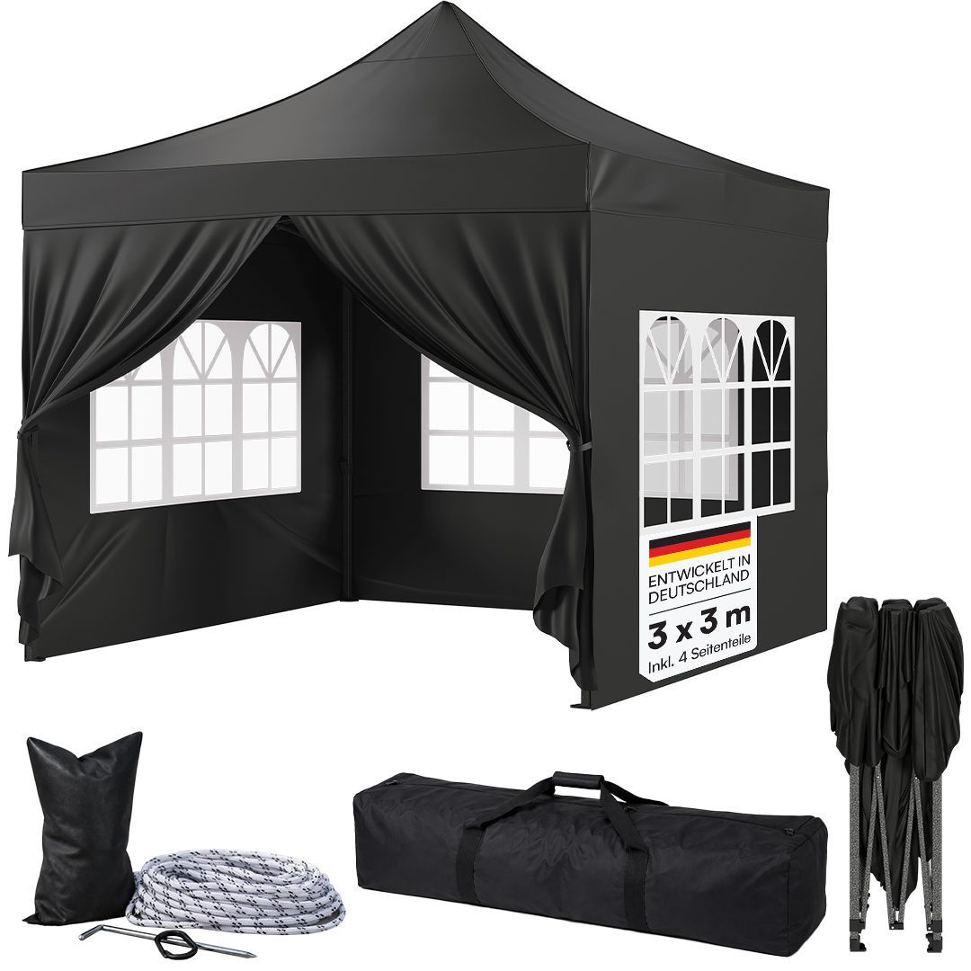 STEELSØN Pavillon Rynara Faltpavillon wind- & wetterfest, mit 4 Seitenteilen, (3x3 m, schwarz), UV-Schutz, Gartenpavillon mit Seitenwänden