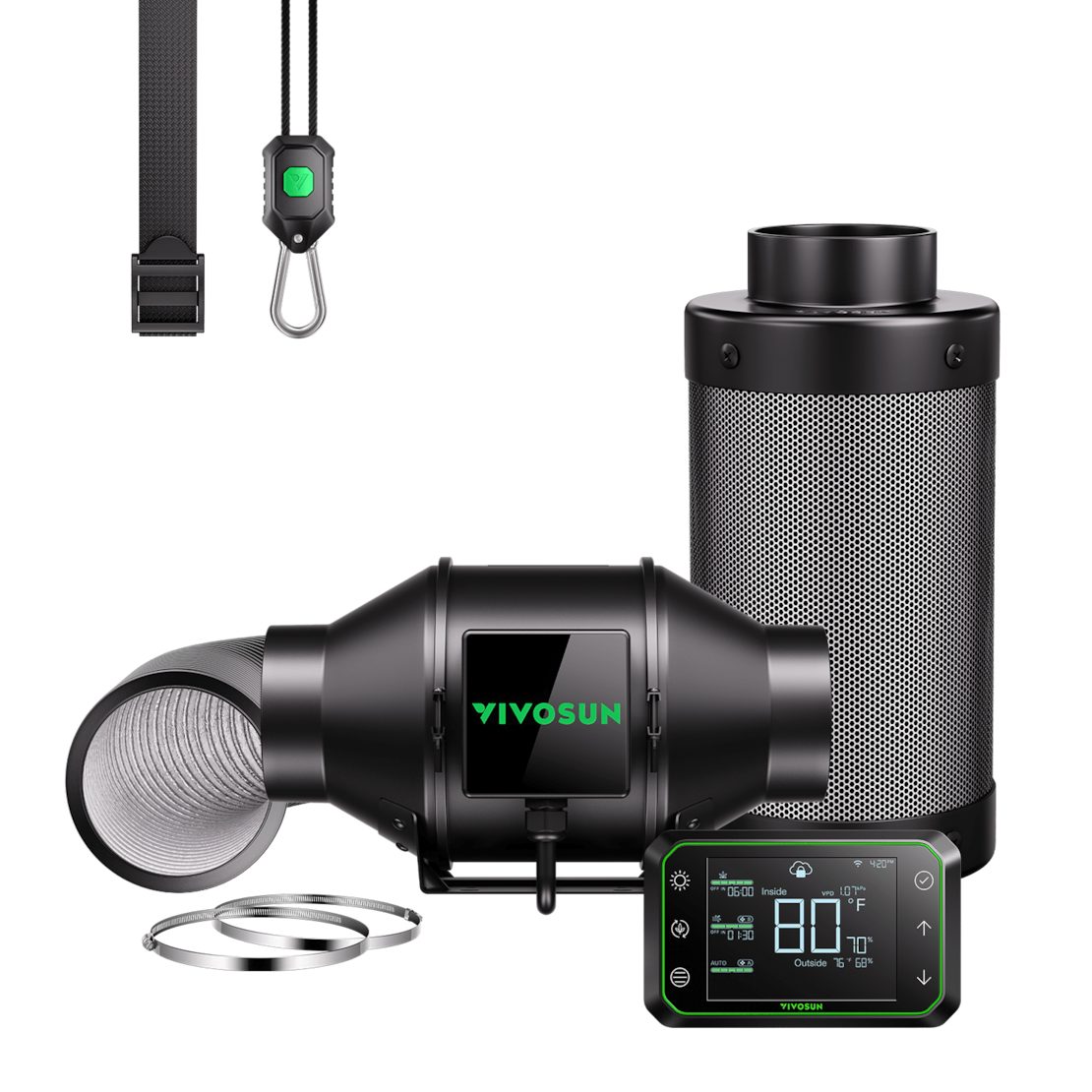 VIVOSUN Ventilatorkombigerät VIVOSUN AeroZesh G-Serie Smart Luftfiltration Kit, 10 cm Durchmesser, Smartes Abluft-Set mit GrowHub E42A-Controller und Aktivkohlefilter