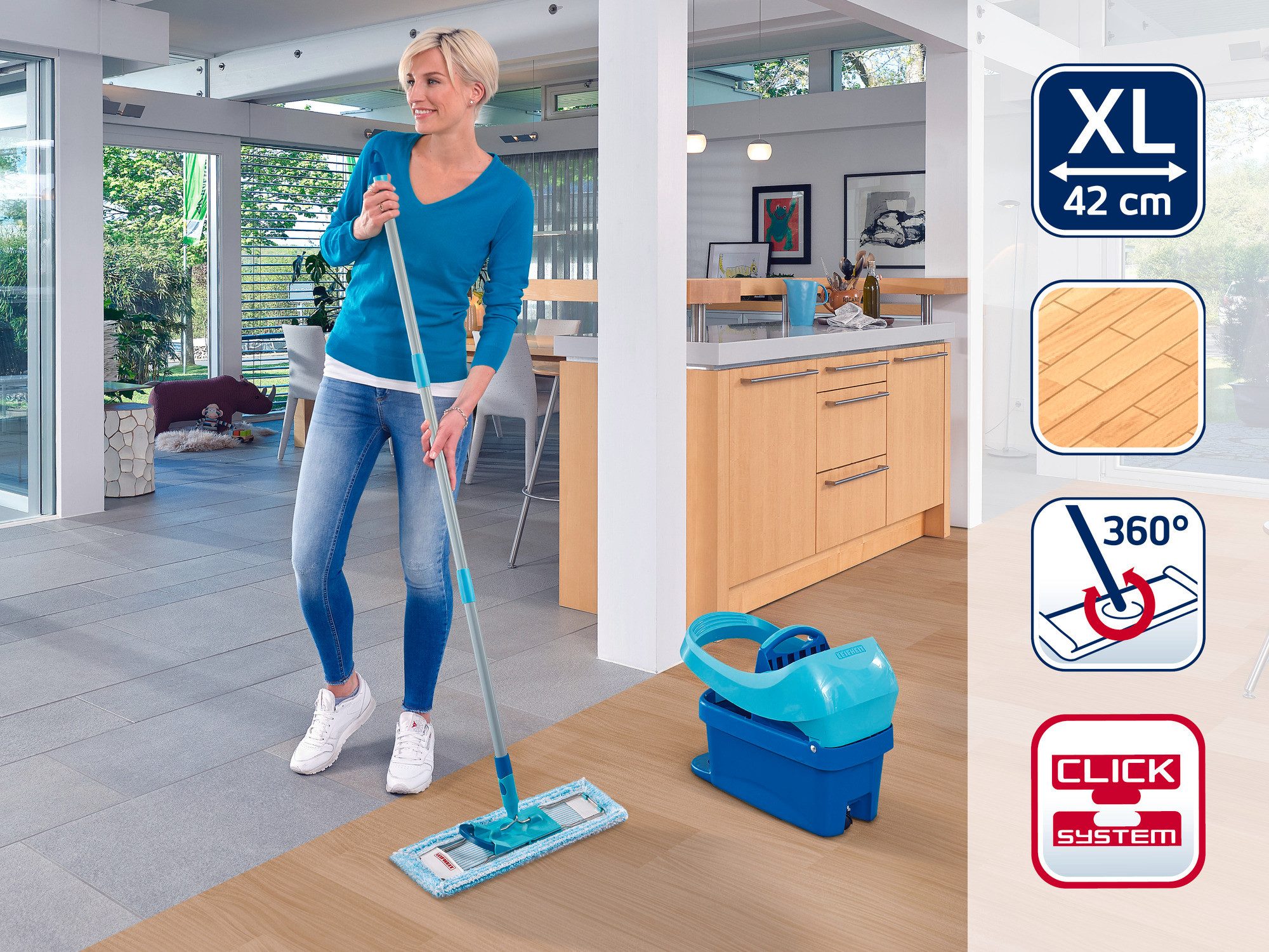 Leifheit Wischmopp Bodenwischer Profi XL super soft (Box), (3-St), Waschbar bei 60°C, Wischbreite 42cm, Arbeitshöhe 146cm, 360° Gelenk