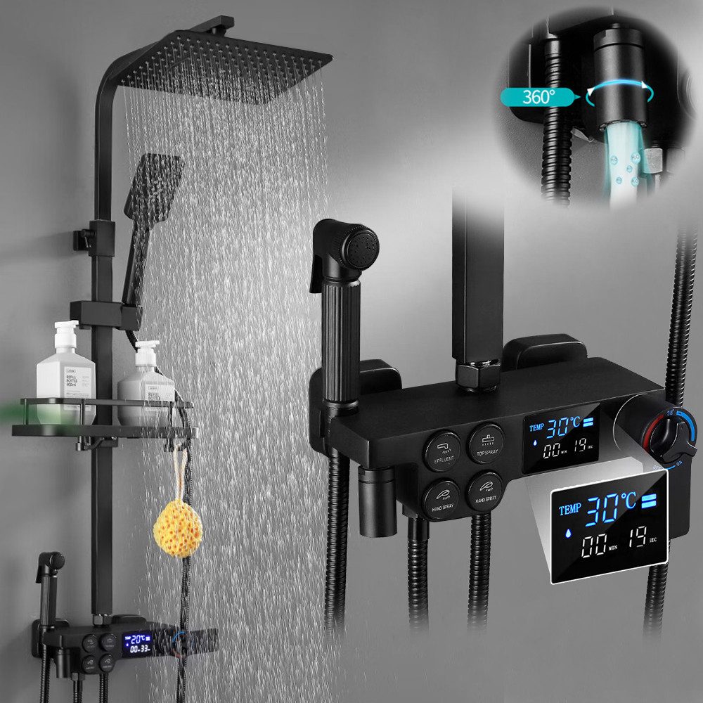 XIIW Duscharmatur Thermostat Duschsystem 86-120cm Verstellbare Duschstange Komplettset (Duschset mit Temperatur-LED-Display & Armatur, 30x19cm, 360° Regendusche Kopfbrause, Badewannenauslauf) 3 Strahlarten Handbrause 13x10cm