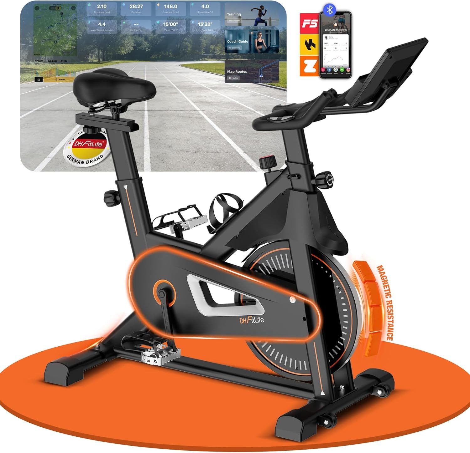 DH FitLife Heimtrainer Fahrrad mit APP Magnetwiderstand Stationäres Fahrrad für Zuhause (inklusive APP-Unterstützung, mit neuem Lenker & Monitor), Leises Indoor Bike mit LED Monitor und Pulssensor, bis 120KG