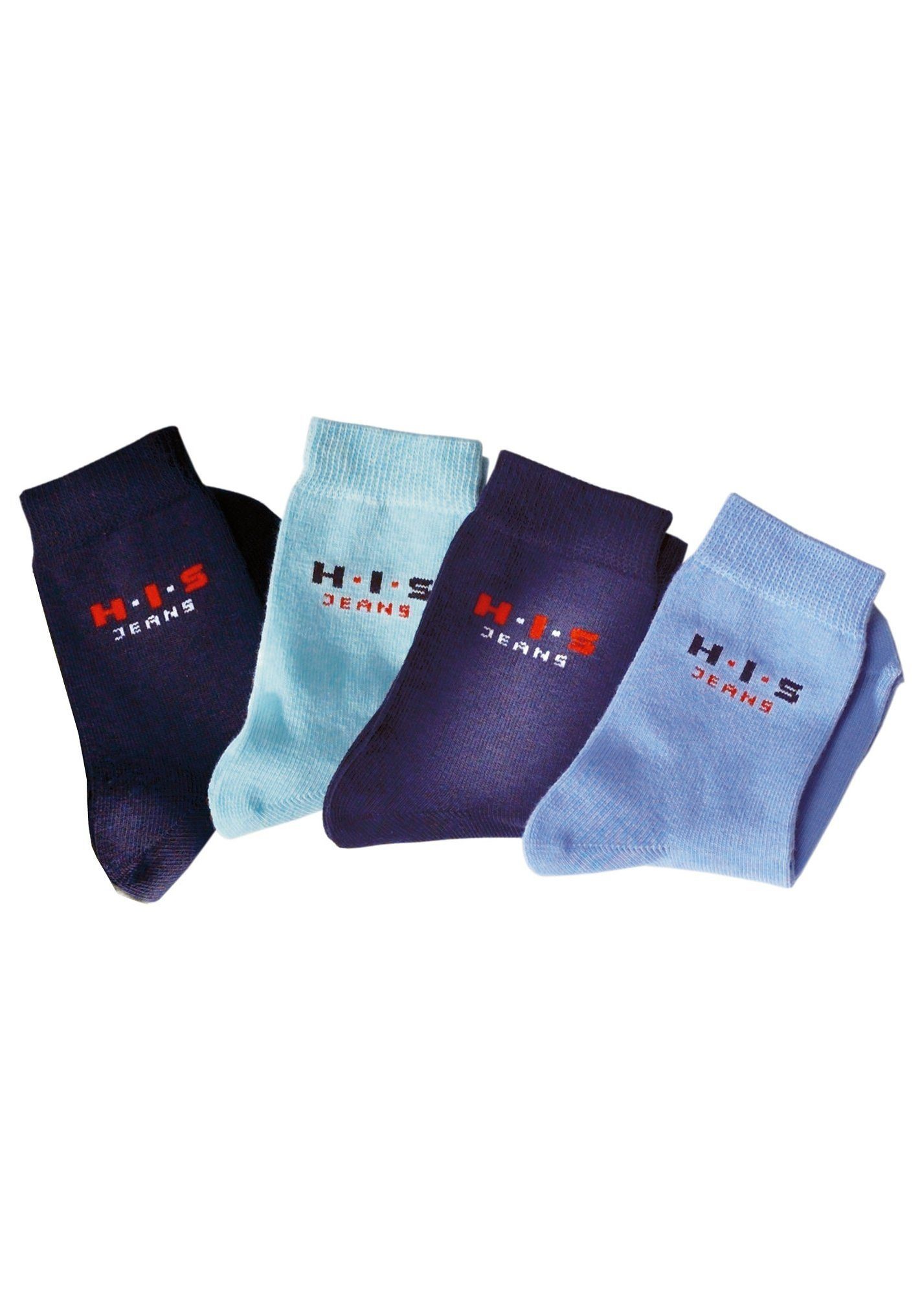 hellblau, kontrasfarbenem Basicsocken mit H.I.S (4-Paar) marine, dunkelblau Logo blau,