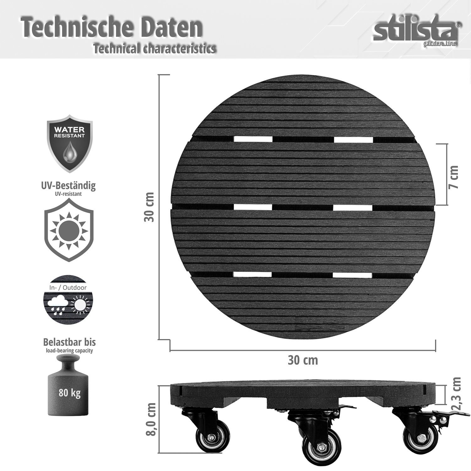 Zubehör u. für diverse Töpfe Rollbrett, STILISTA WPC Transporthilfe, bis Farbwahl festellbare 80kg, Kübelroller, Bremse, Schwarz Blumenroller max. Pflanzenroller Modell- Blumentopfuntersetzer