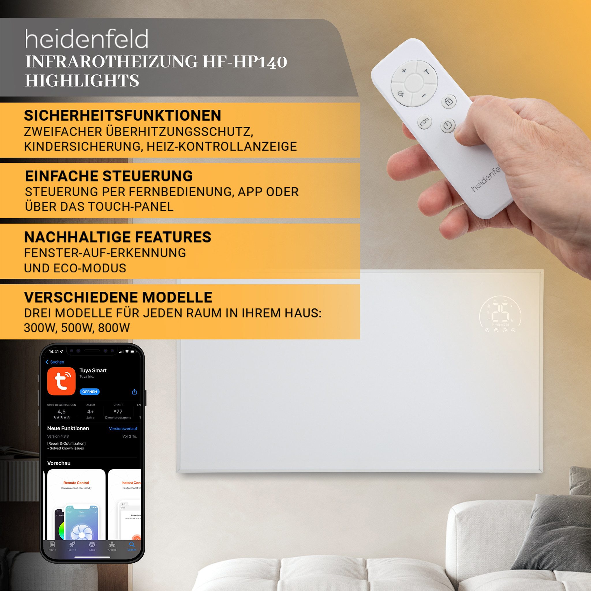 Heidenfeld Infrarotheizung HF-HP140, Elektro Heizung mit App steuerbar, Hei günstig online kaufen
