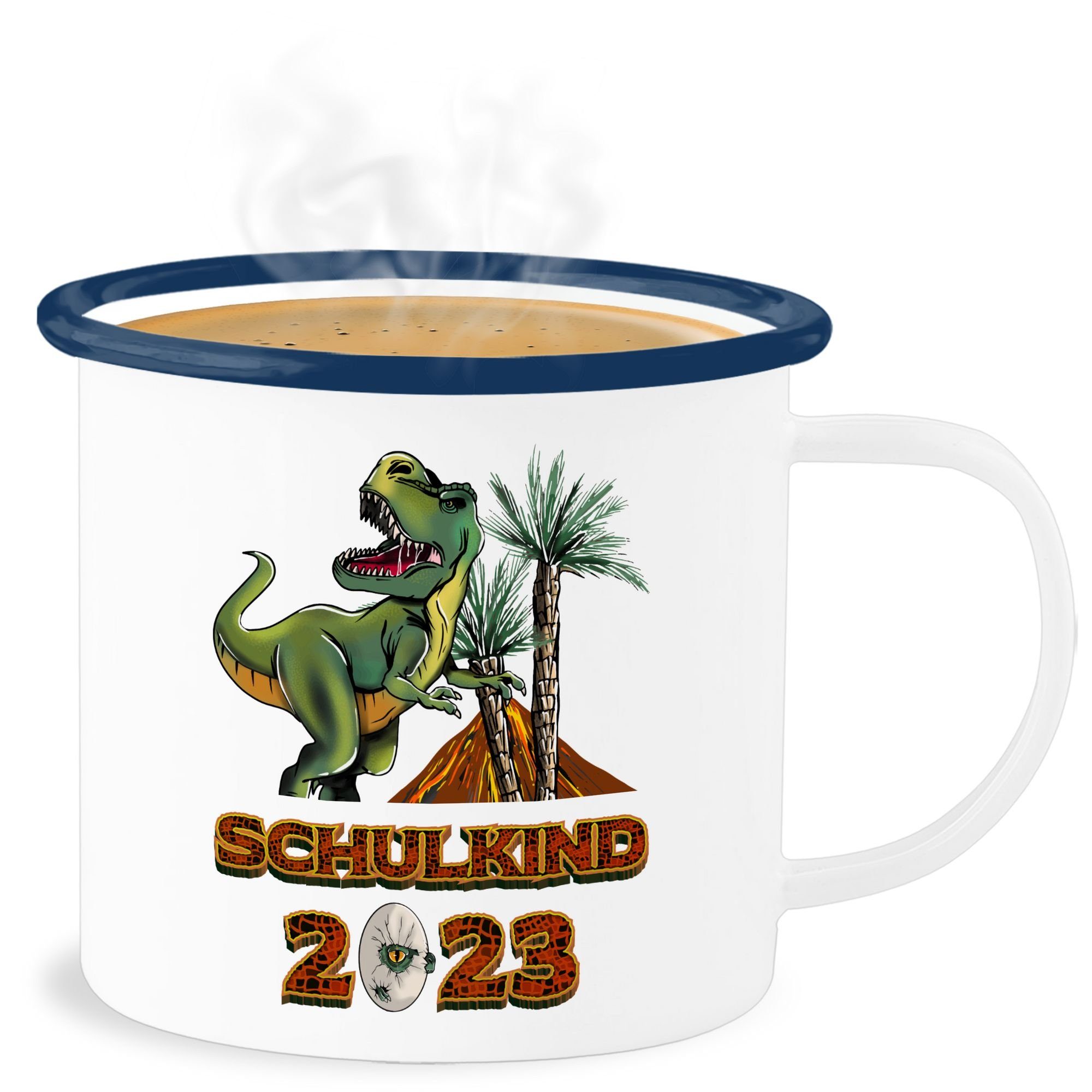 Shirtracer Becher Schulkind 2023 T-Rex Dino Dinosaurier, Stahlblech, Einschulung Geschenk Tasse 1 Weiß Blau