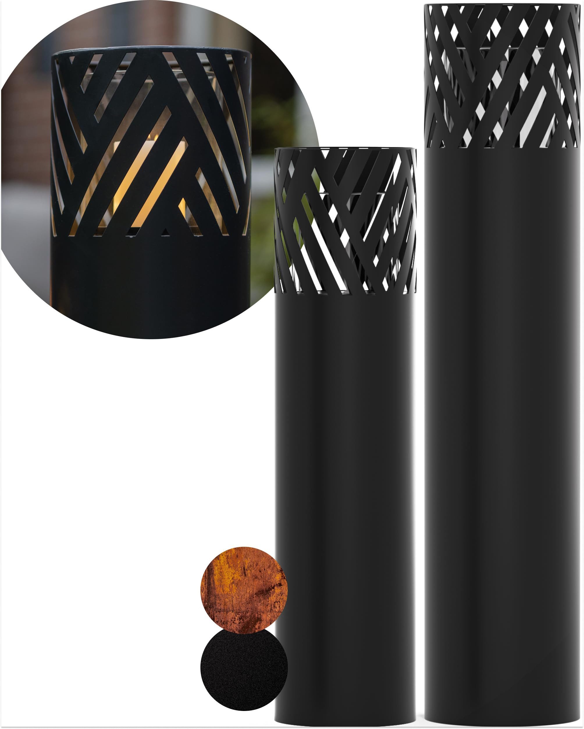 Bentson Windlicht Windlichtsäule 2er Set, 75cm + 95cm (2 Windlichtsäulen unterschiedliche Höhen 75 & 95cm, 2 St., Outdoor Garten-/Balkondeko), Erhältlich in Schwarz & Rost-Design