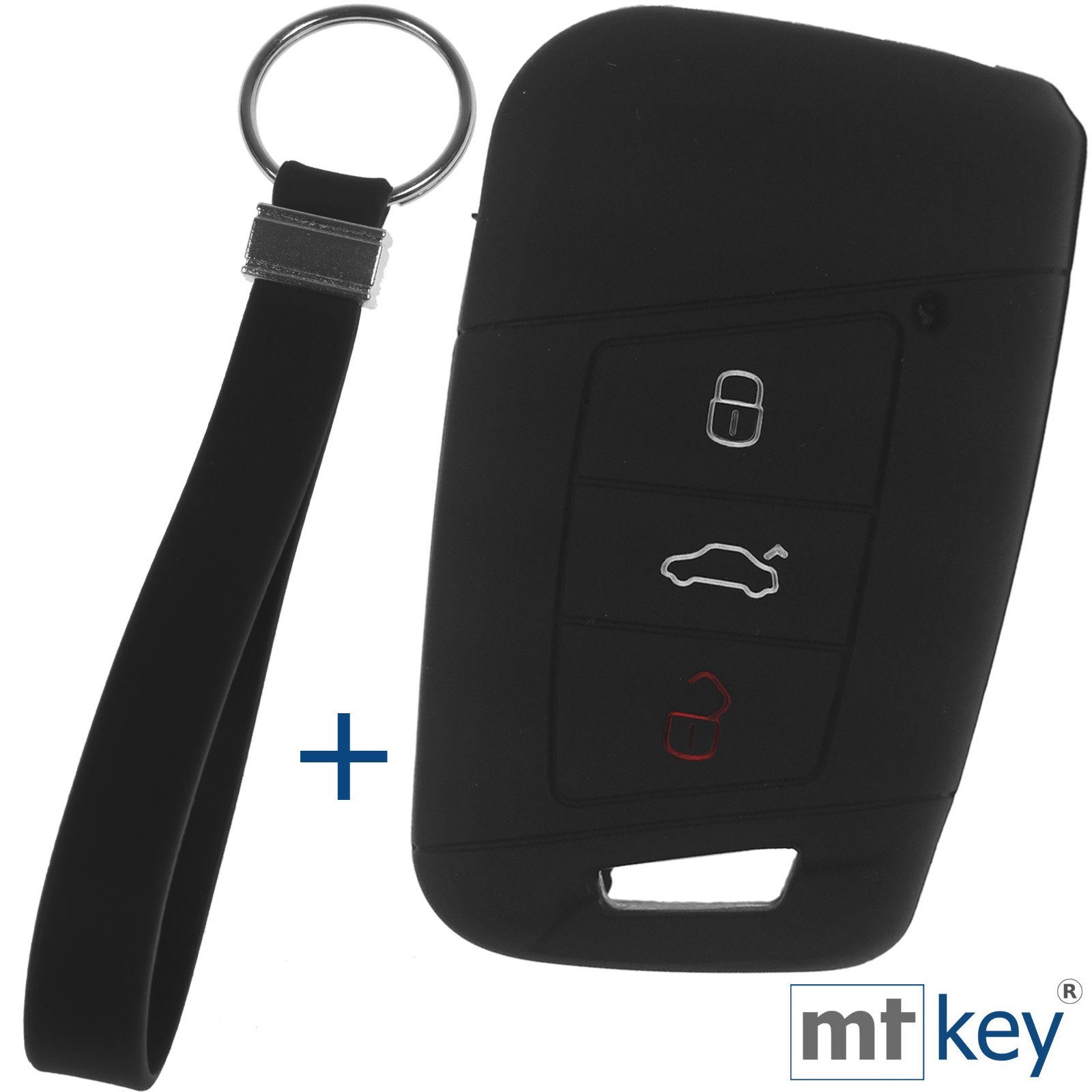 mt-key Schlüsseltasche Autoschlüssel Softcase Silikon Schutzhülle Schwarz mit Schlüsselband, für VW Passat B8 Arteon Skoda Kodiaq 3 Tasten KEYLESS SMARTKEY