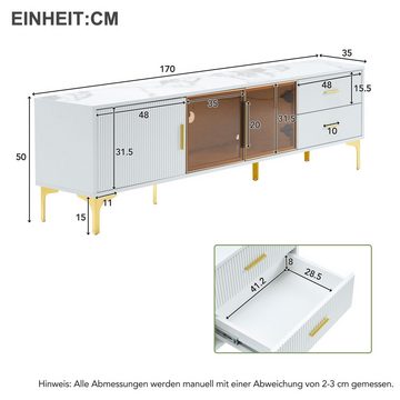 Merax Lowboard mit Glastüren und Schubladen, TV-Schrank mit LED, TV-Board mit goldenen Metallbeine, Fernsehtisch