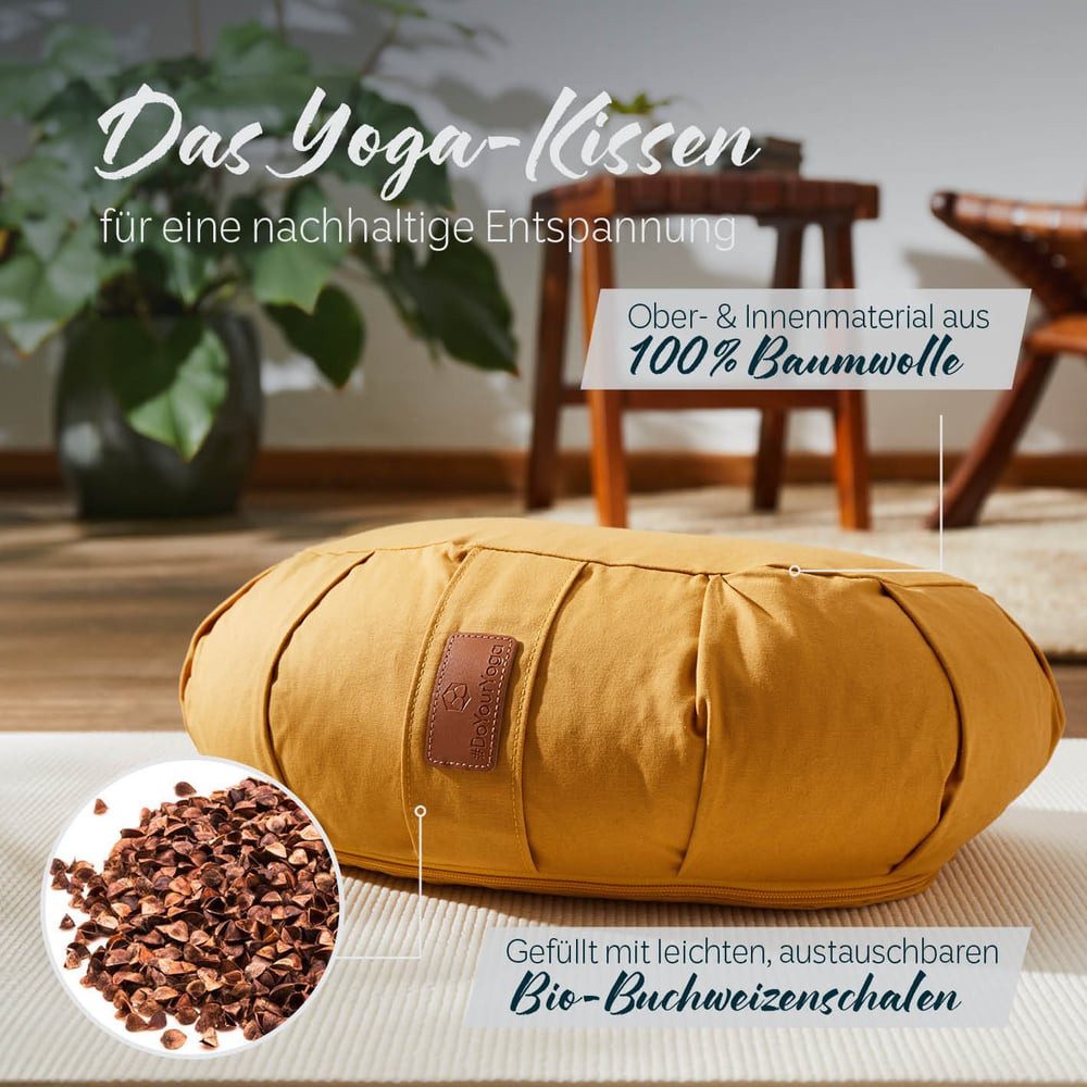#DoYourYoga Yoga Bolster Zafu Halbmondkissen Ganesh, 100% Baumwolle Bio Bioweizenschalenfüllung 45x30x14 Yoga Meditation