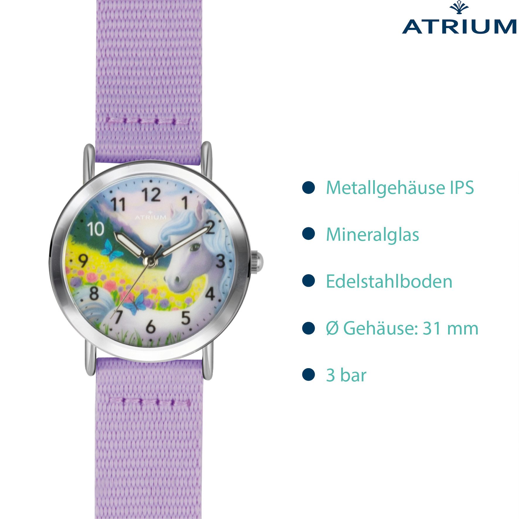 Atrium Quarzuhr A44-18 Siabelle Kinder Armbanduhr Pferd Einhorn flieder, analog deutlich Uhrzeit lernen Geschenkidee Einschulung Ø 30mm