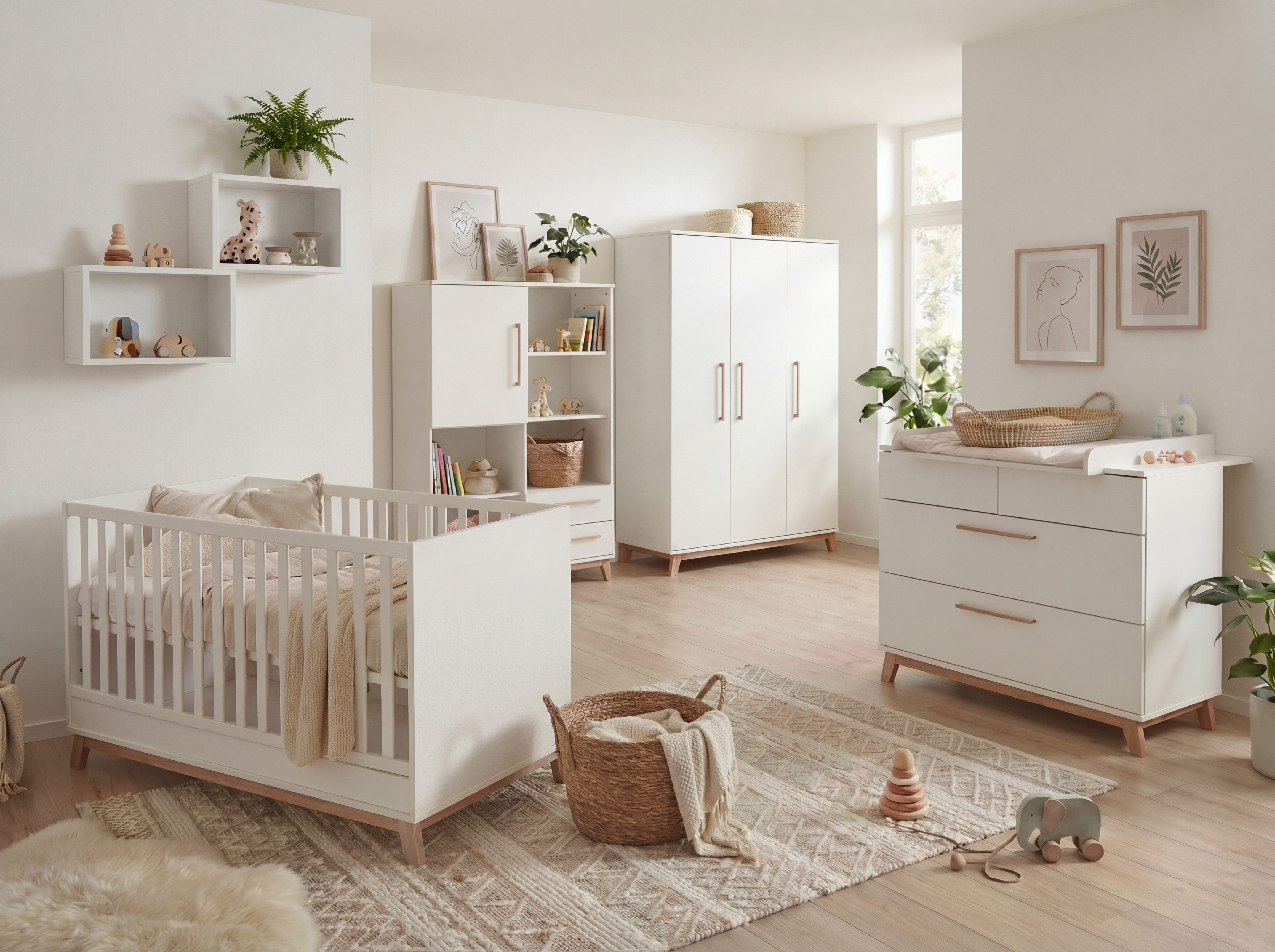 arthur berndt Babyzimmer-Komplettset Lina, (Set, 6-tlg., Schrank, Kommode, Bett, 2x Regale, Umbauseite), 6 teiliges Babyzimmer komplett Set hochwertig