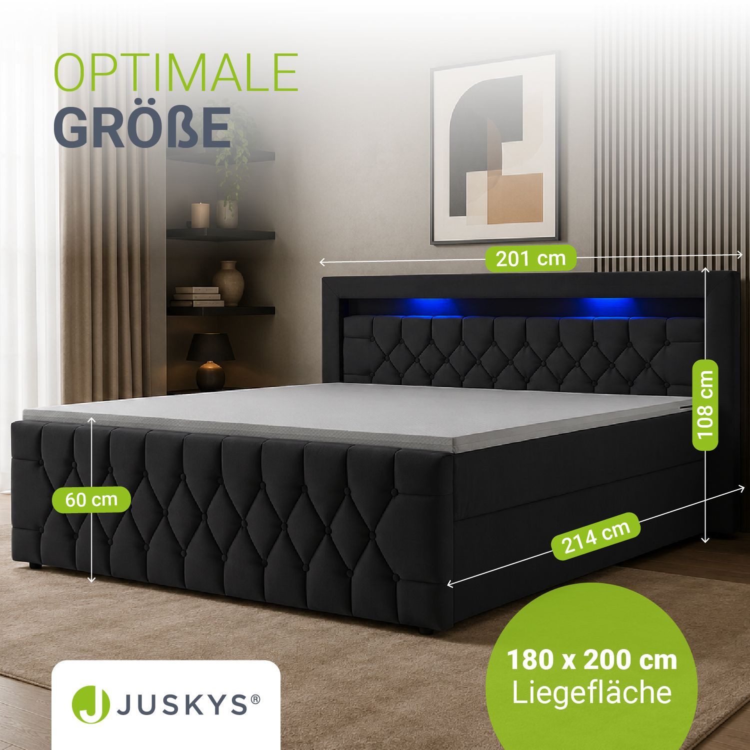 Juskys Polsterbett Leona, 180x200 cm, Boxspringbett-Optik, Samt-Bezug, LED-Licht, H4 Matratze