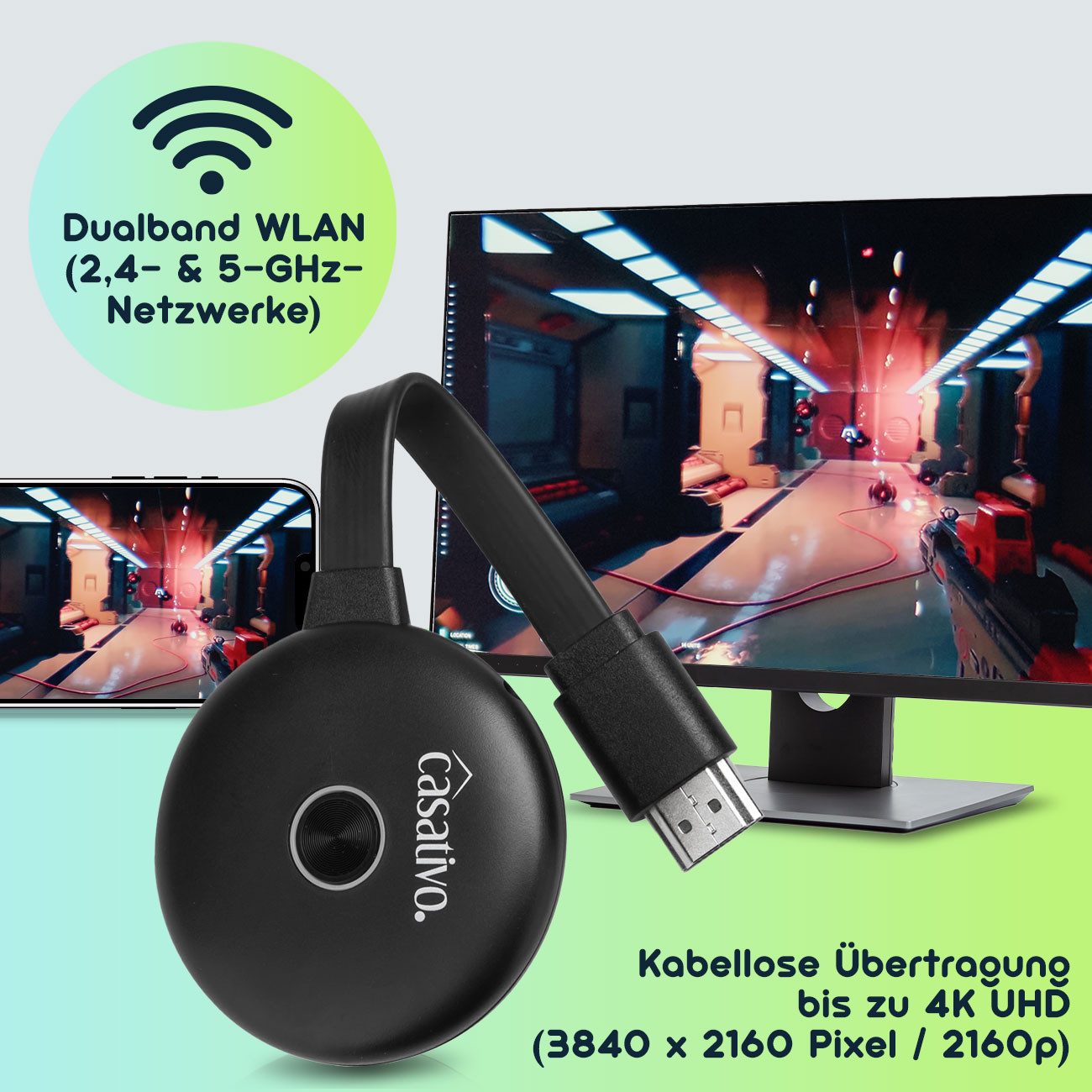 Casativo Streaming-Stick WLAN 4K-Ultra-HDMI Streaming-Empfänger Dongle SmartMedia Player USB, (1 St), Miracast, AirPlay & DLNA • Ideal für Gaming & große Beamer – Bild 4 von 5