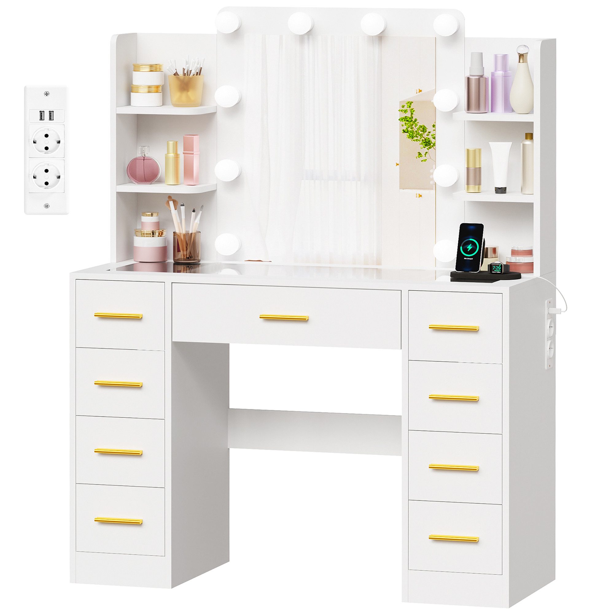 BEWISHOME Schminktisch mit Spiegel und Ladestation, 9 Schubladen, transparente Glasplatte (1-St), verstellbare LED-Beleuchtung, 2 Steckdosen + 2 USB-Anschlüssen