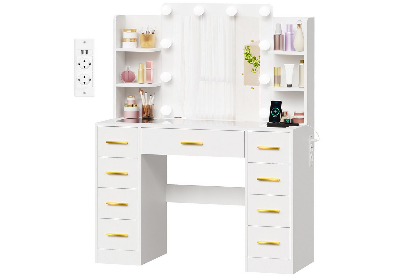 BEWISHOME Schminktisch mit Spiegel und Ladestation, 9 Schubladen, transparente Glasplatte (1-St), verstellbare LED-Beleuchtung, 2 Steckdosen + 2 USB-Anschlüssen
