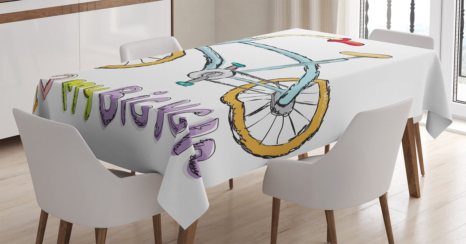 Abakuhaus Tischdecke Farbfest Waschbar Für den Außen Bereich geeignet Klare Farben, Karikatur Fahrrad-Kinder Liebe Worte