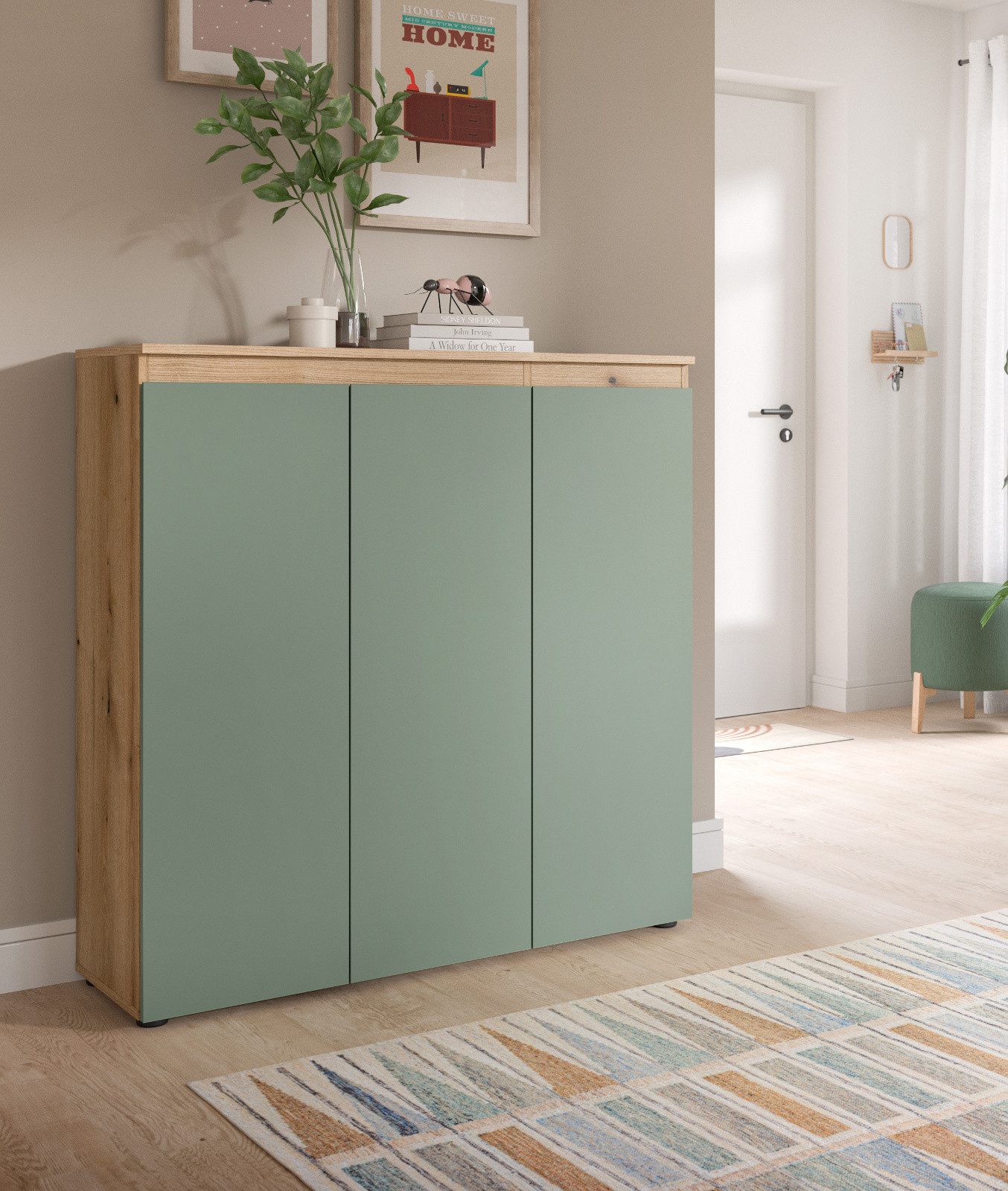 Inn.Furn Kombikommode Assino (Hohe Kommode in Eiche und Rauchgrün, 3-türig, 105 x 111 cm), mit 8 Einlegeböden für bis zu 10 Fächer