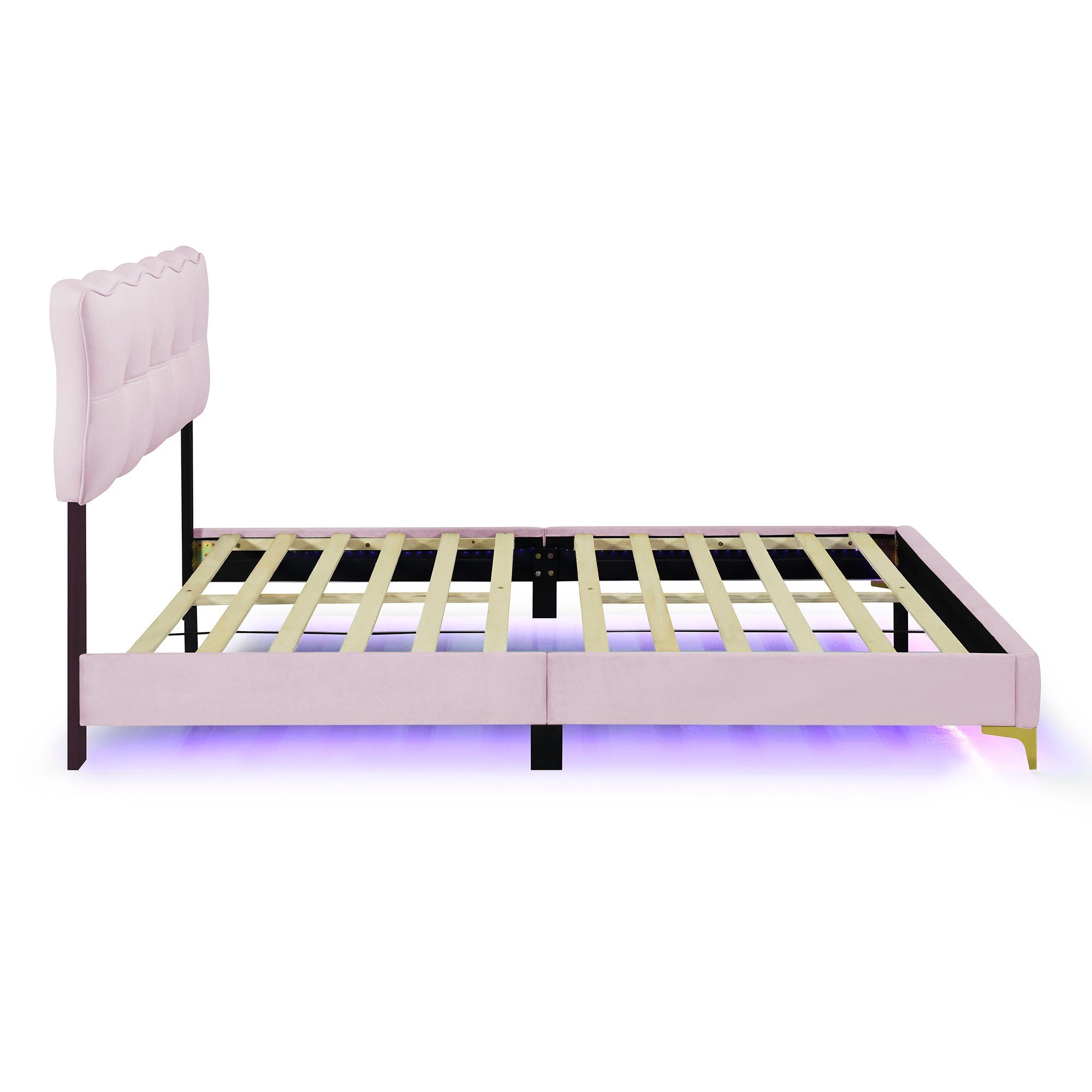 Polsterbett, LED Doppelbett mit gepolstertem Kopf- & Fußteil, Samtstoff, 140x200cm