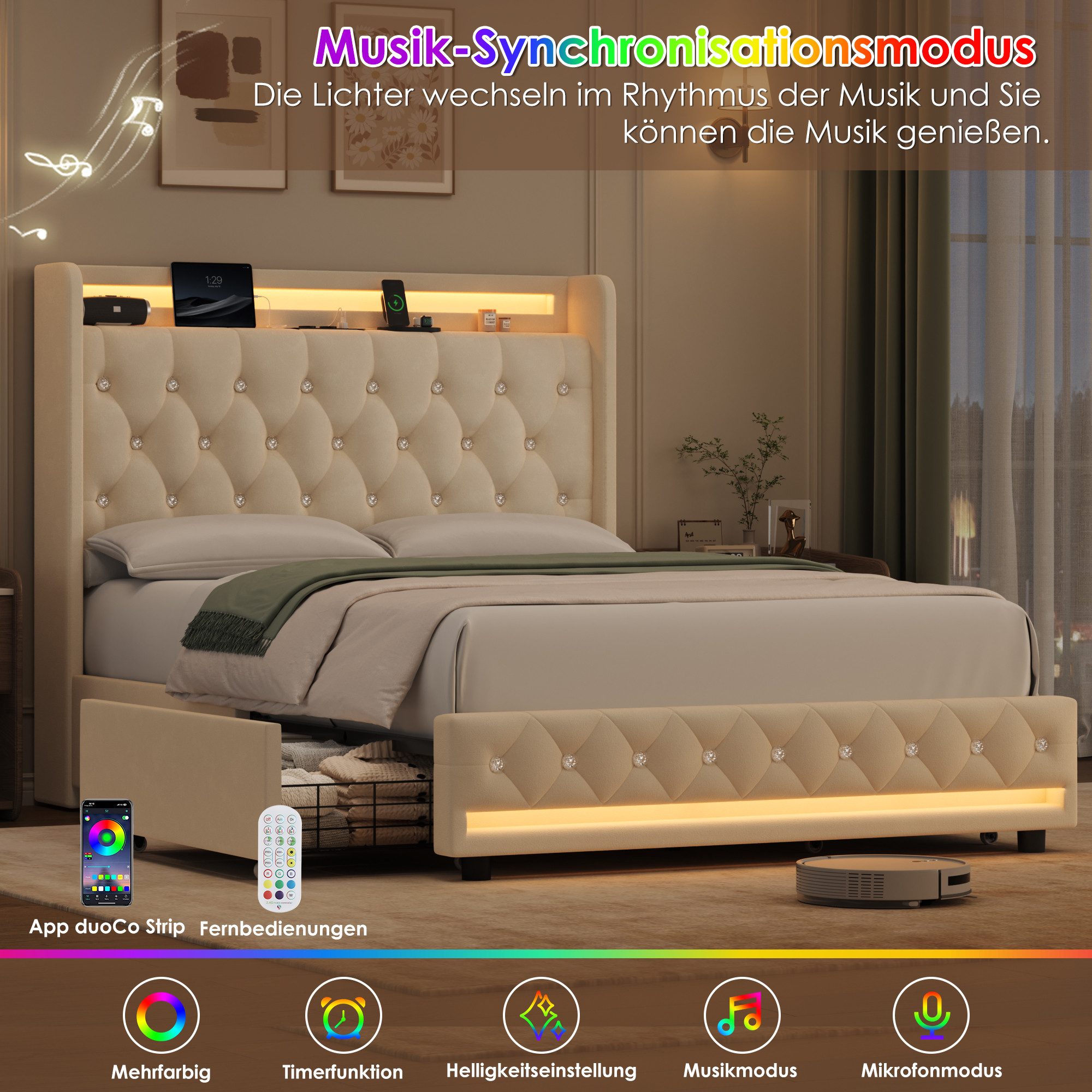 Homfa Polsterbett Doppelbett 140x200 Stauraumbett, mit Ladefunktion und 4 Schubladen, LED-Beleuchtung, Samt Weiß