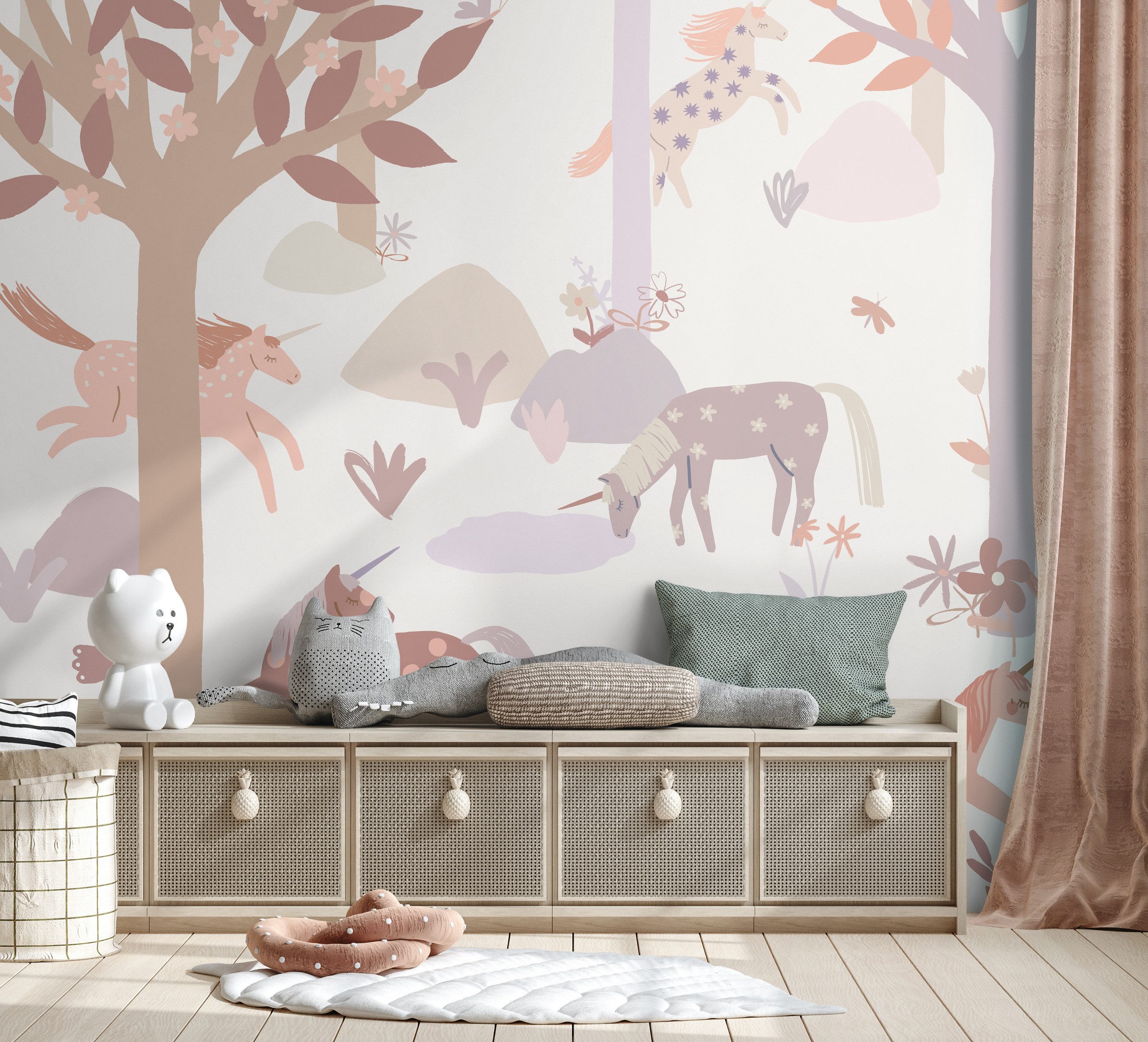 Rasch Fototapete Kinderzimmer Einhorn in Lila, Roomblush Unicorn RB386, glatt, gemustert, Wald, (1 Rolle, 1 St), für Mädchen