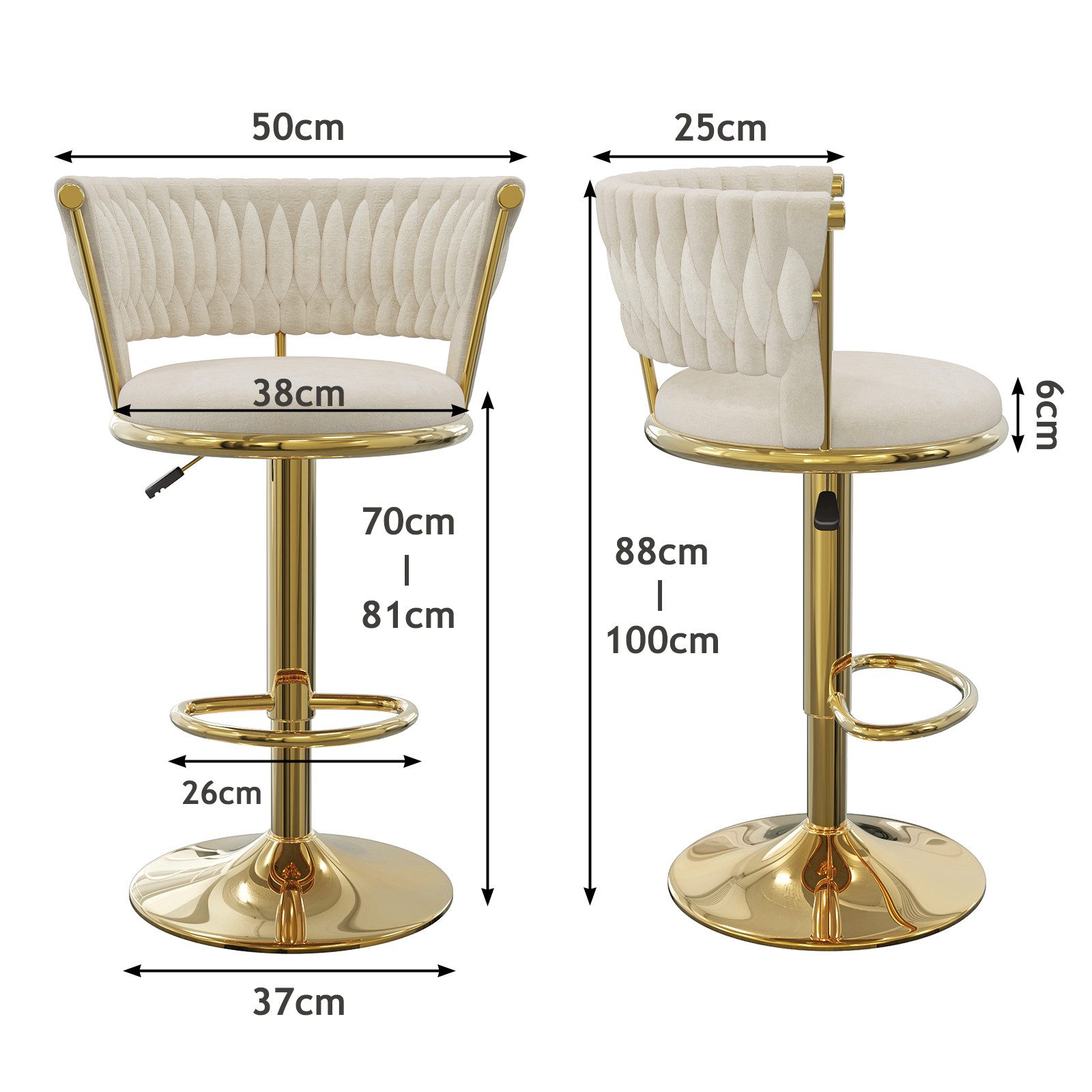 JEOBEST Barhocker Barstuhl aus Samt,Küchenhocker mit geflochtener Rückenlehne Fußstütze, (2er Set), 360°Drehbar, Höhenverstellbare