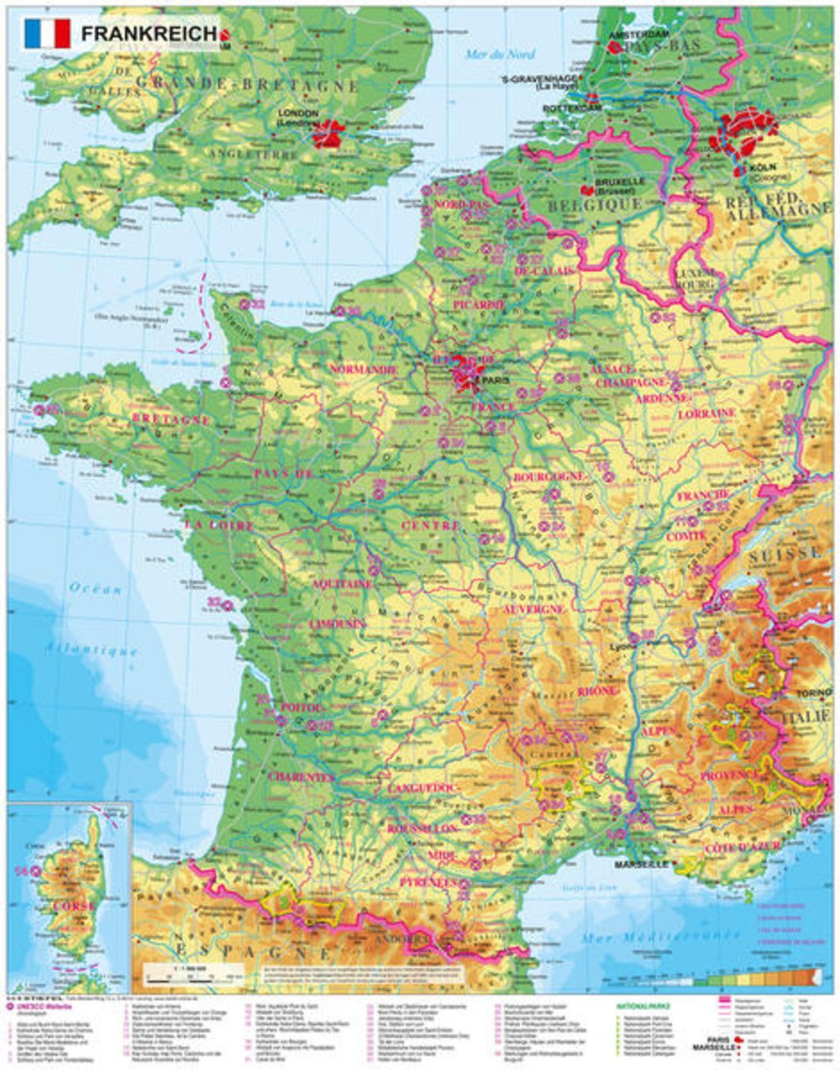 Frankreich physisch 1 : 1.500 000 / Heinrich Stiefel, Wandkarte / Poster