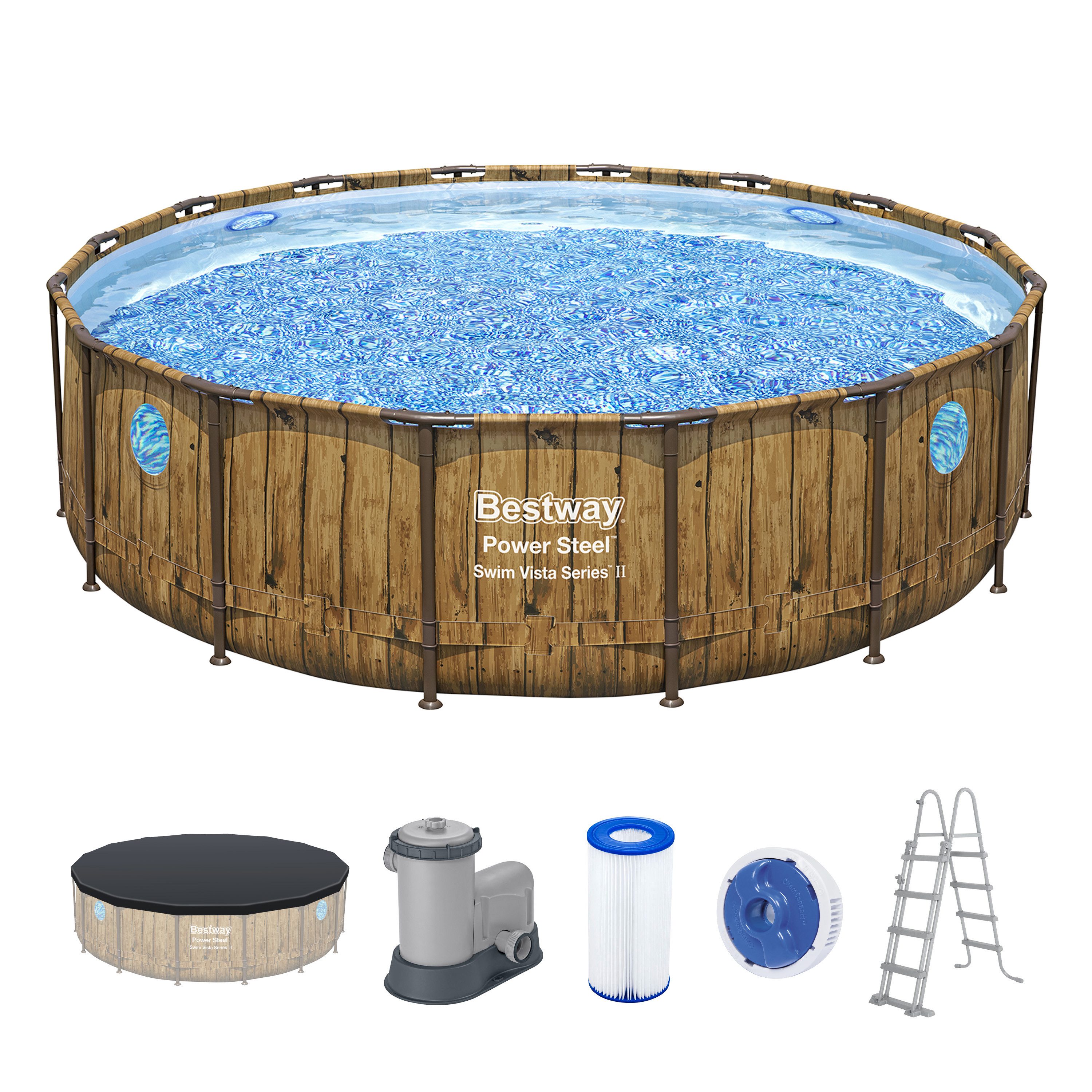 Bestway Framepool Power Steel™ Swim Vista Series™ (Set, Inkl. Filterpumpe, Abdeckplane & Sicherheitsleiter), Ø 488 x 122 cm