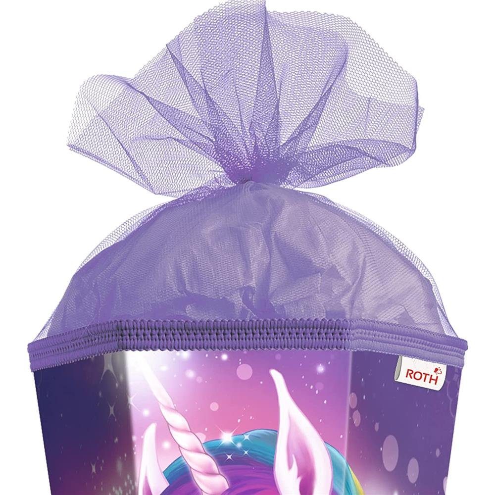 Roth Schultüte Einhornportrait, 85 cm, eckig, lilafarbiger Tüllverschluss, Zuckertüte für Schulanfang