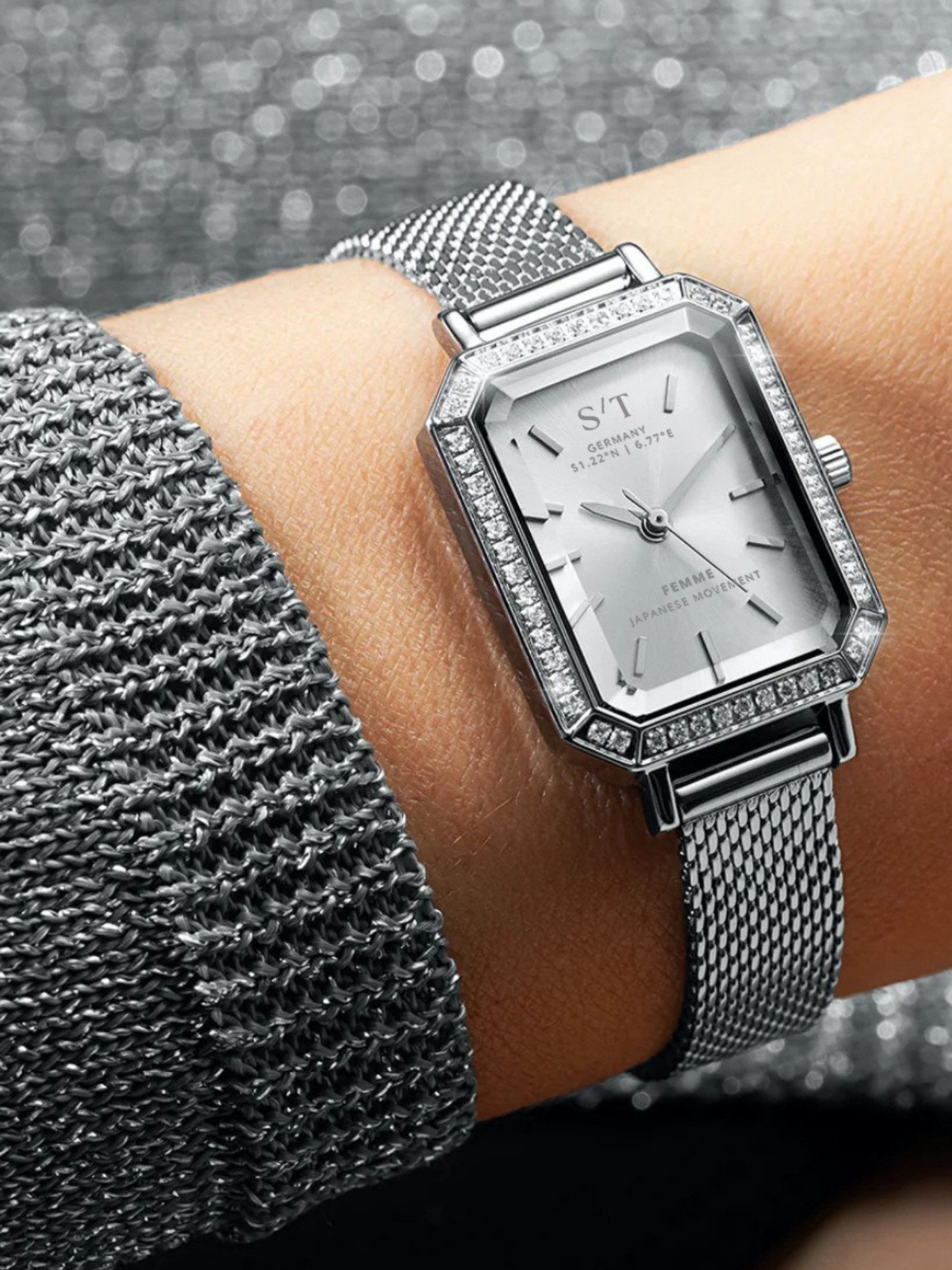 S&T Design Quarzuhr Damen Armbanduhr Edelstahl Diamant Damenuhr S/T FEMME, (Packung, Mit Mesh Armband und Armbandkürzer), 5 ATM Wasserdicht Japanisches Uhrwerk Rechteckig Mesh Armband