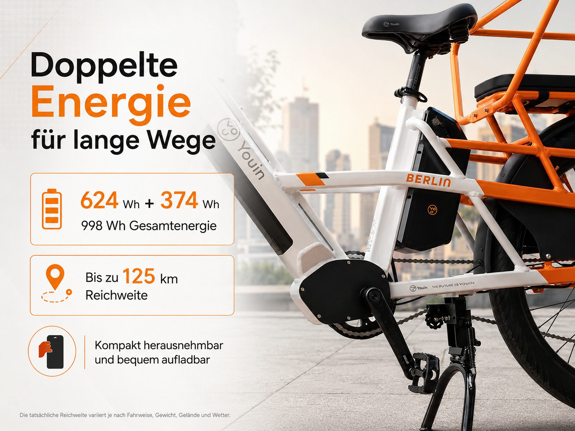 PixelPilot E-Bike Lasten-E-Bike Youin Berlin 26 Zoll, 250 W Mittelmotor, Dual-Akku 998 Wh, bis 125 km, 7 Gang, Mittelmotor, 998 Wh – Bild 3 von 5